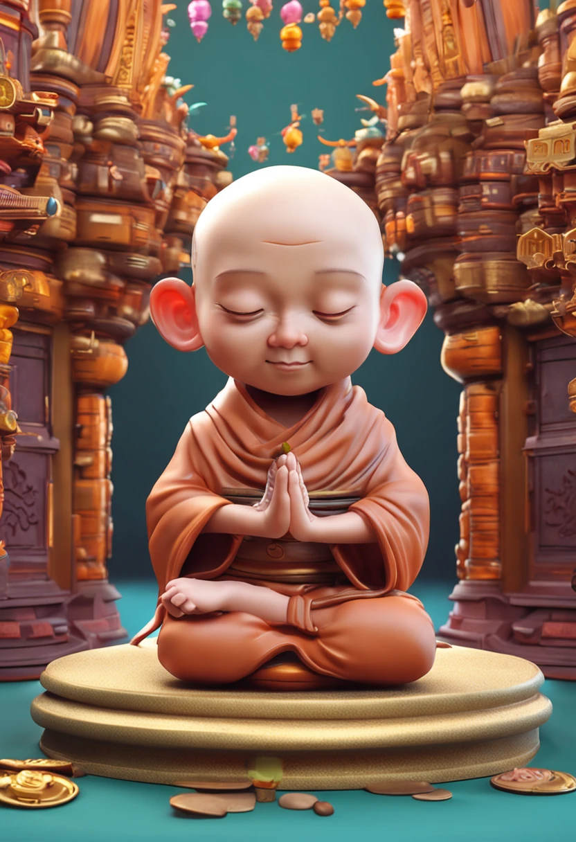 Obverse cute 3D cartoon little monk hands folded bald head