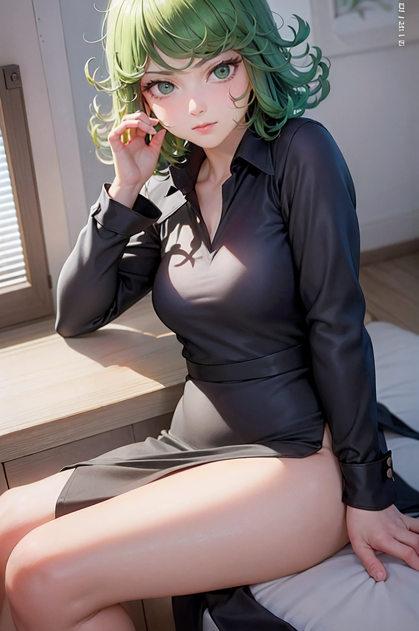 (Masterpiece, Best Quality:1.2), 独奏, 1girl, tatsumaki, unamused, closed mouth, looking a viewer, hand on our face, sitting, Short black dress,big thighs,crossing leg