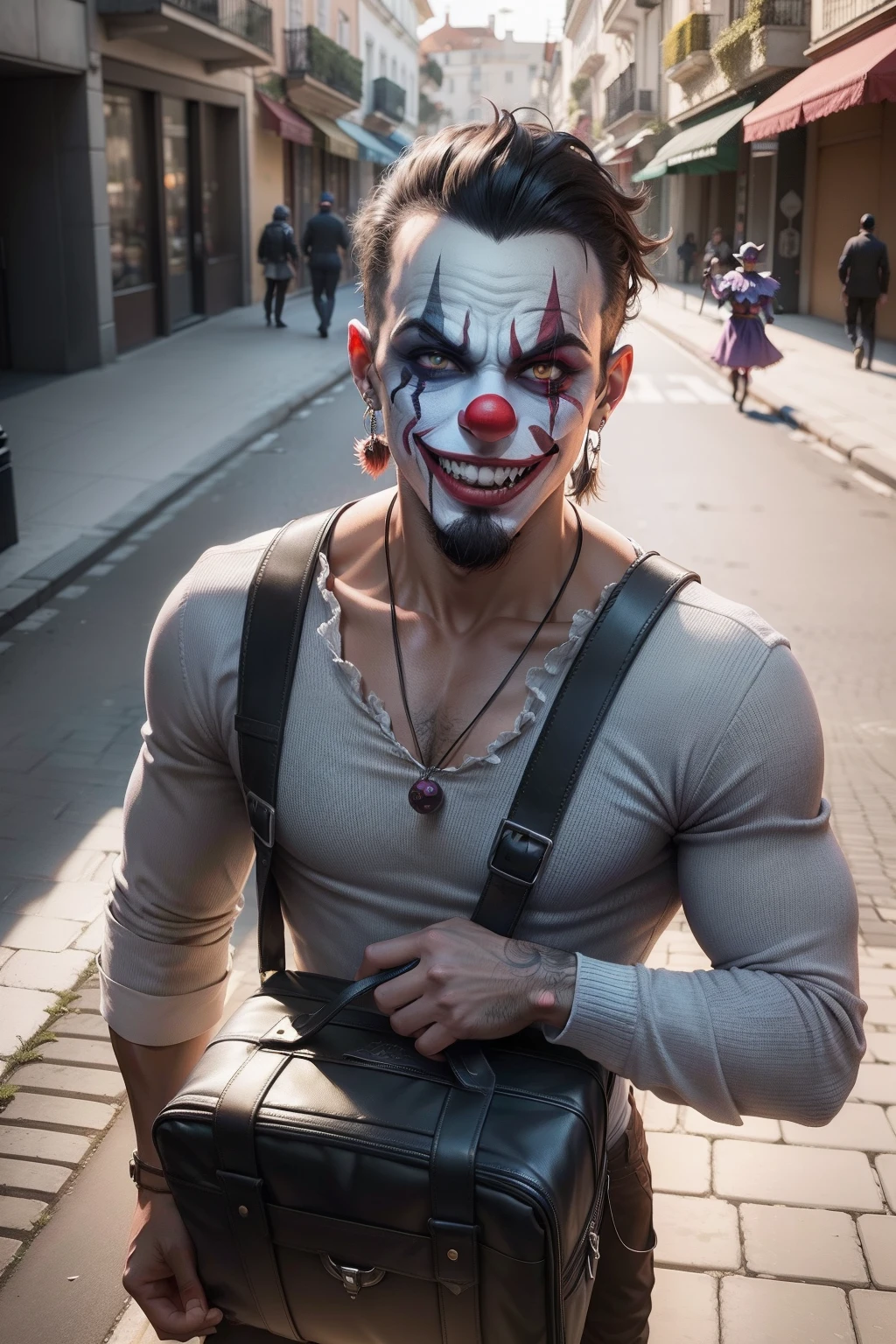 homem musculoso, cabelo e barba pretos, deformed clown mask, sorriso assustador, sem camisa, segurando uma marreta, Night scenery, corpo inteiro, horror, terror