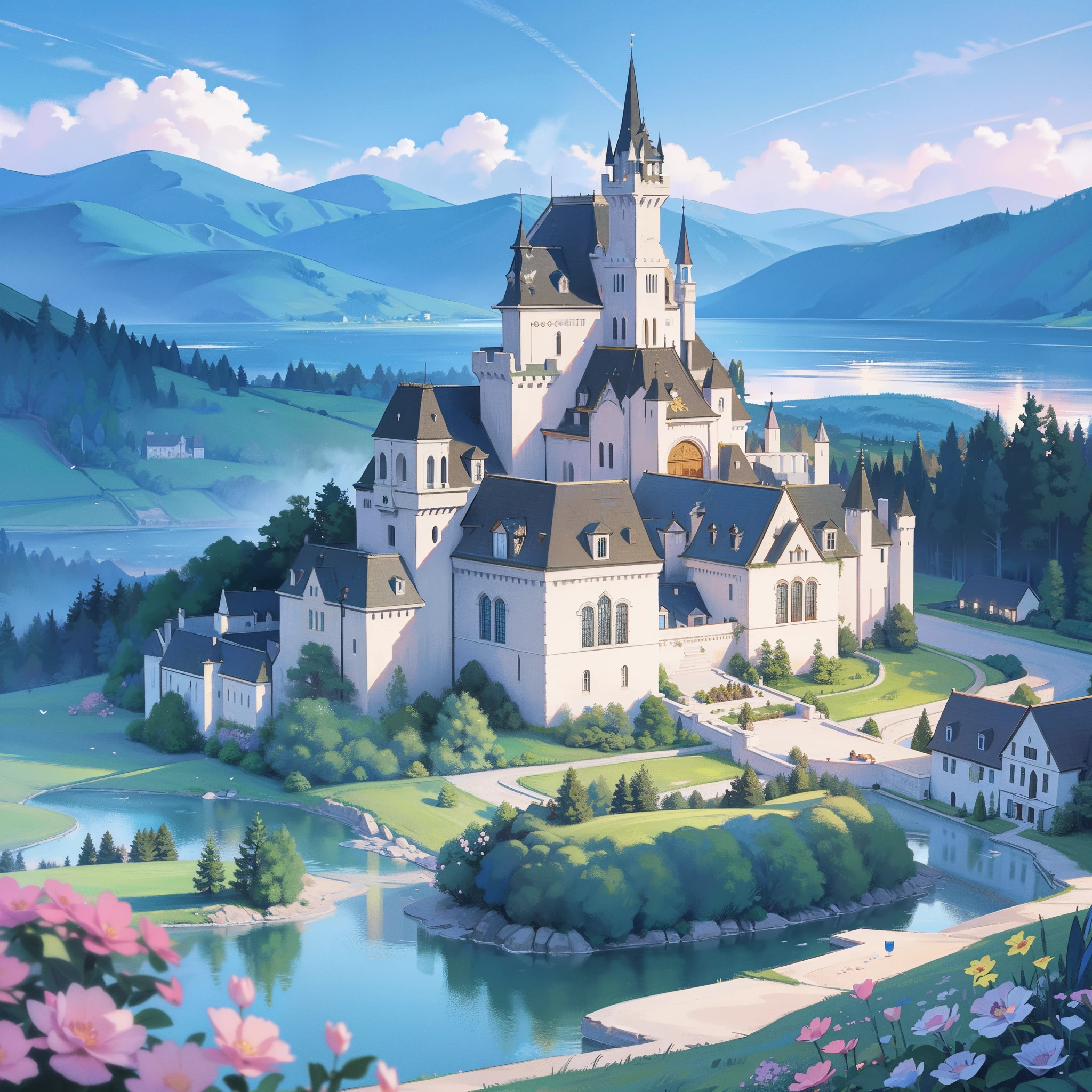 masterpiece, best quality, 8k resolution, sharp focus, intricate detail, beautiful landscape, fantasy storybook castle, magical landscape, colorful, whimsical, magical, high resolution, fine details, fantasy, lake, flowers, garden, village, (huge castle), colorful beautiful sky