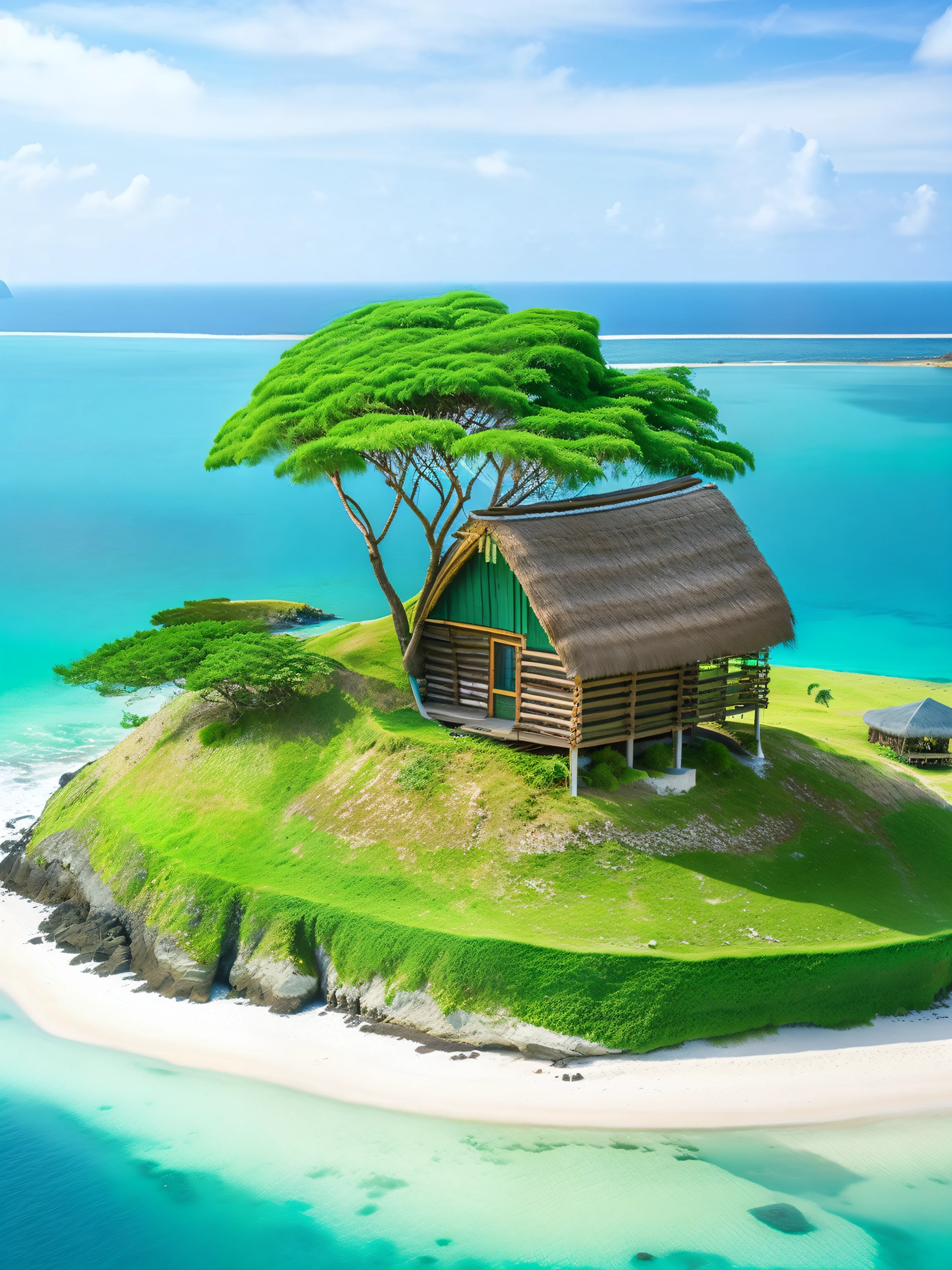 An island with the sea around it a tree on mine of the island with lawn and a wooden hut of green color