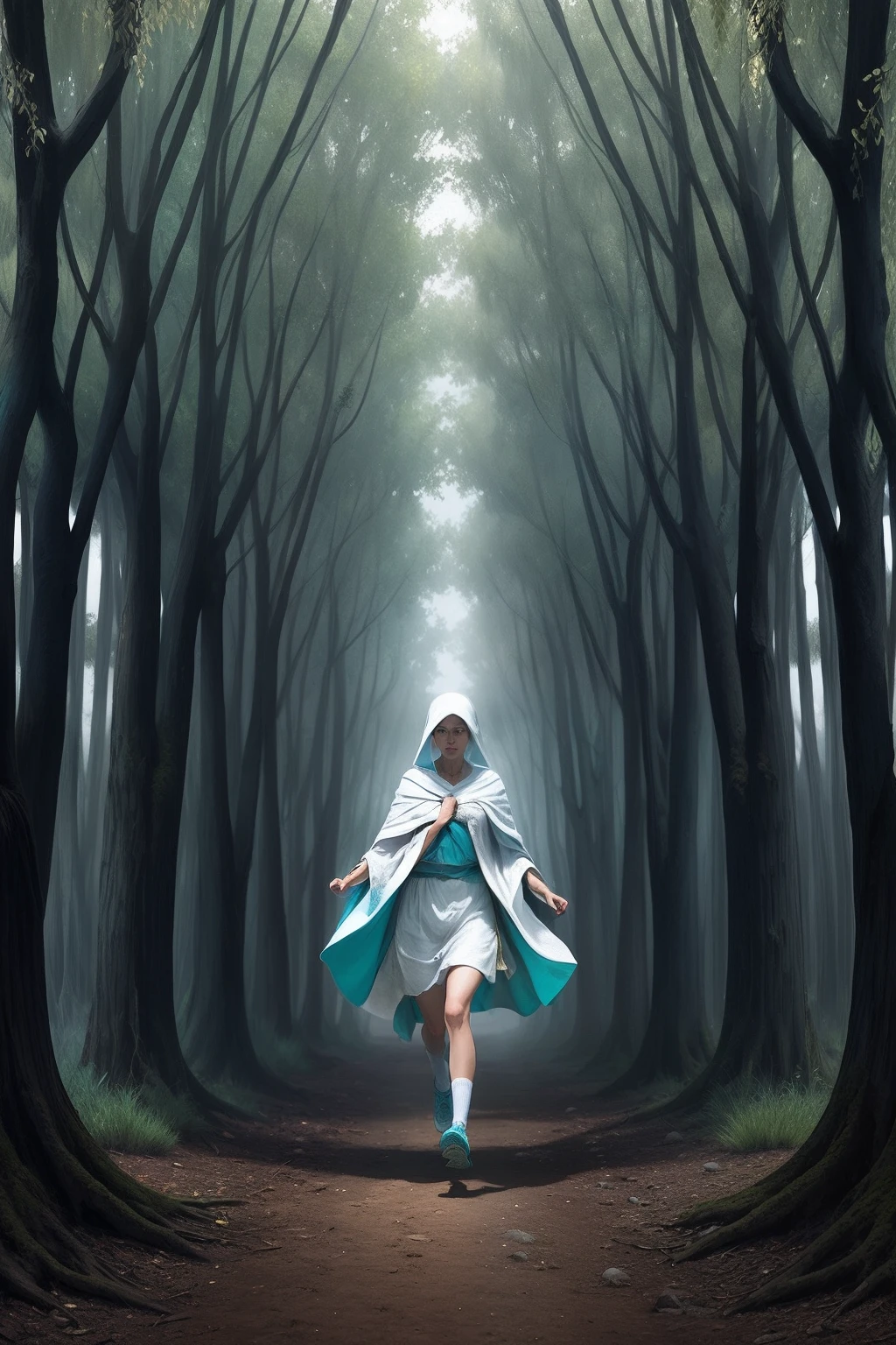 The ancient woman in white ran with a cloak running in the cyan willow forest