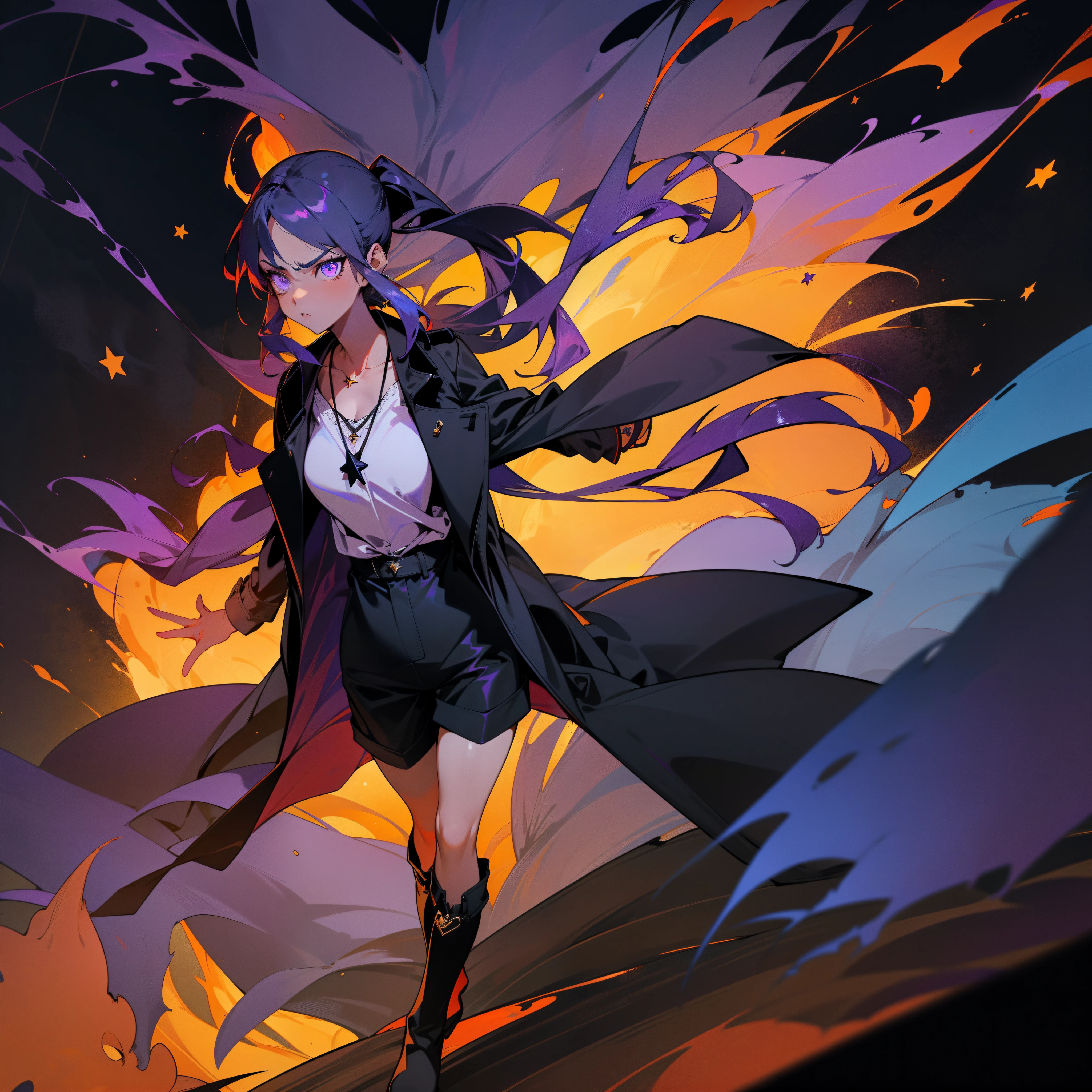 (A black girl with a double ponytail，Eyes purple-blue，The right eye erupts with fire，Indifferent look，Blue star necklace，Big black trench coat，Trench coat open，Star decoration，Black  shorts，Sunlight background，Long black boots)