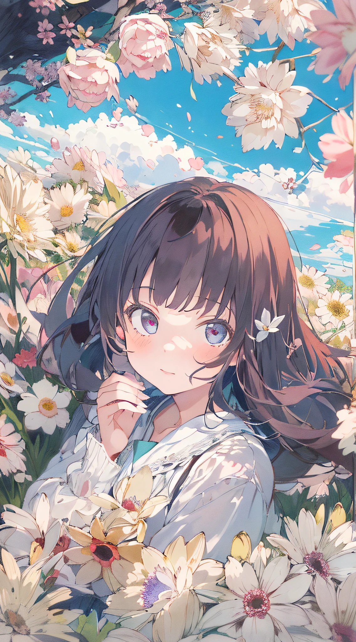 ((masterpiece,best quality)),(1girl, solo:1.4),negative space:1.3,from above,beautiful detailed eyes, vivid, cloudy sky, flower, anemone \(flower\), daffodil, hyacinth,falling petals,sanshoku dango, hanami, picnic, incoming kiss, incoming hug,