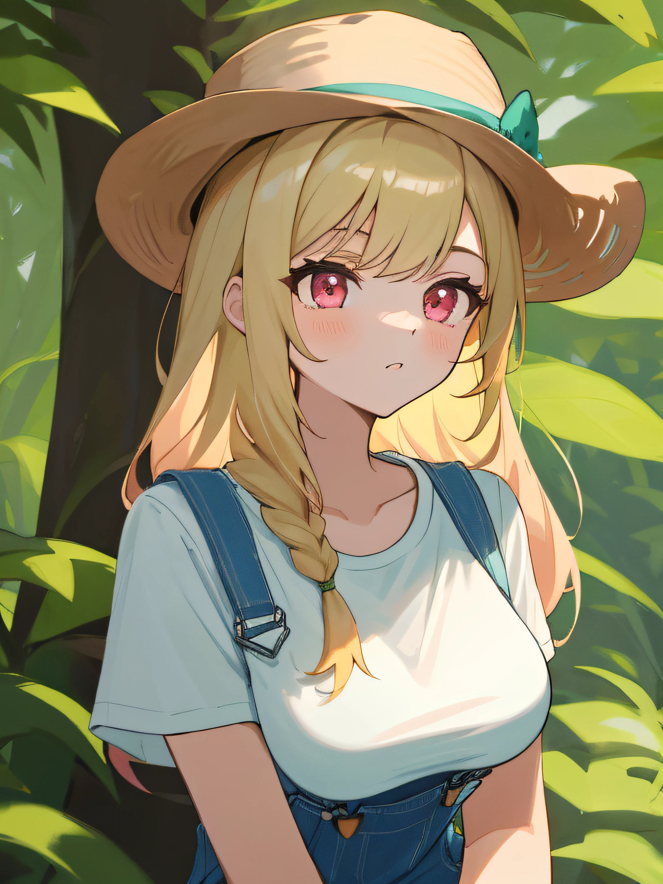 (masterpiece, best quality, absurdres), 1girl, solo, solofocus, blonde hair, long hair, pink eyes, medium breasts, teenager, closeup, outdoors, white t shirt, blue overalls, green hat, trees, plant life, bushes