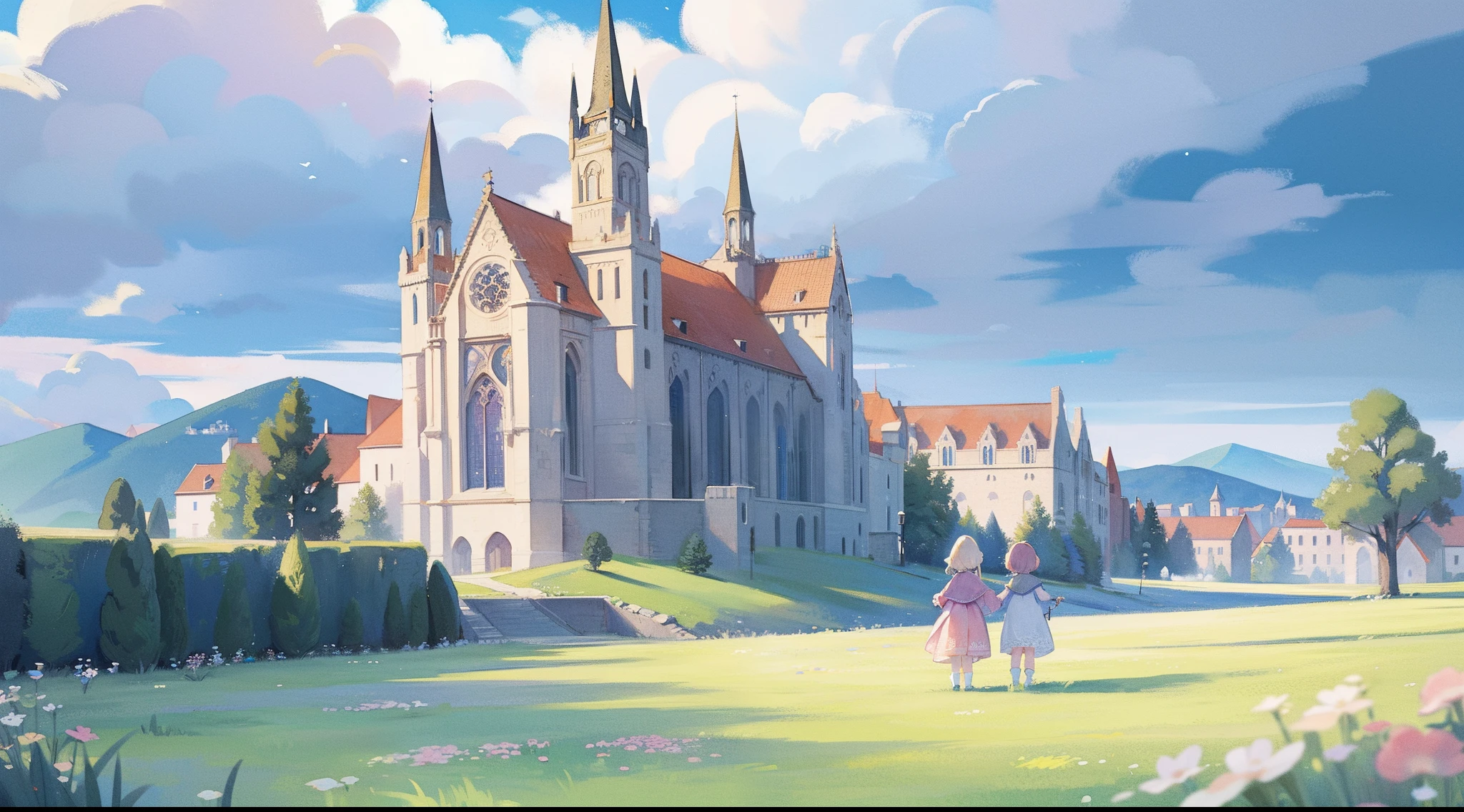 watercolor, children's storybook illustration, a castle surrounded by a village, houses, cottages, buildings, towers, clouds, colorful, pastel colors, bright, ((masterpiece)), ((best quality)), 8k, intricate detail, high resolution, highly detailed environment, perfect architecture, sharp focus, highly detailed, fine detail, masterpiece, best quality, tiny details, watercolor storybook illustration, huge medieval castle, towers and turrets, clouds, whimsical, warm colors, bright, ((cathedral with stained glass windows))