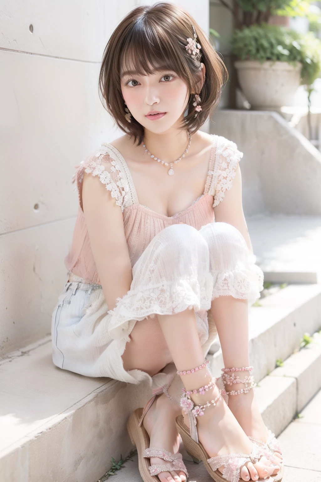 Spring and summer girlish casual style portrait。The model has fluffy curled bangs and light brown short hair.。She wears a white lace top、Denim miniskirt、Wear pink sandals。Accessories include、Includes floral hair clips and beaded bracelets。