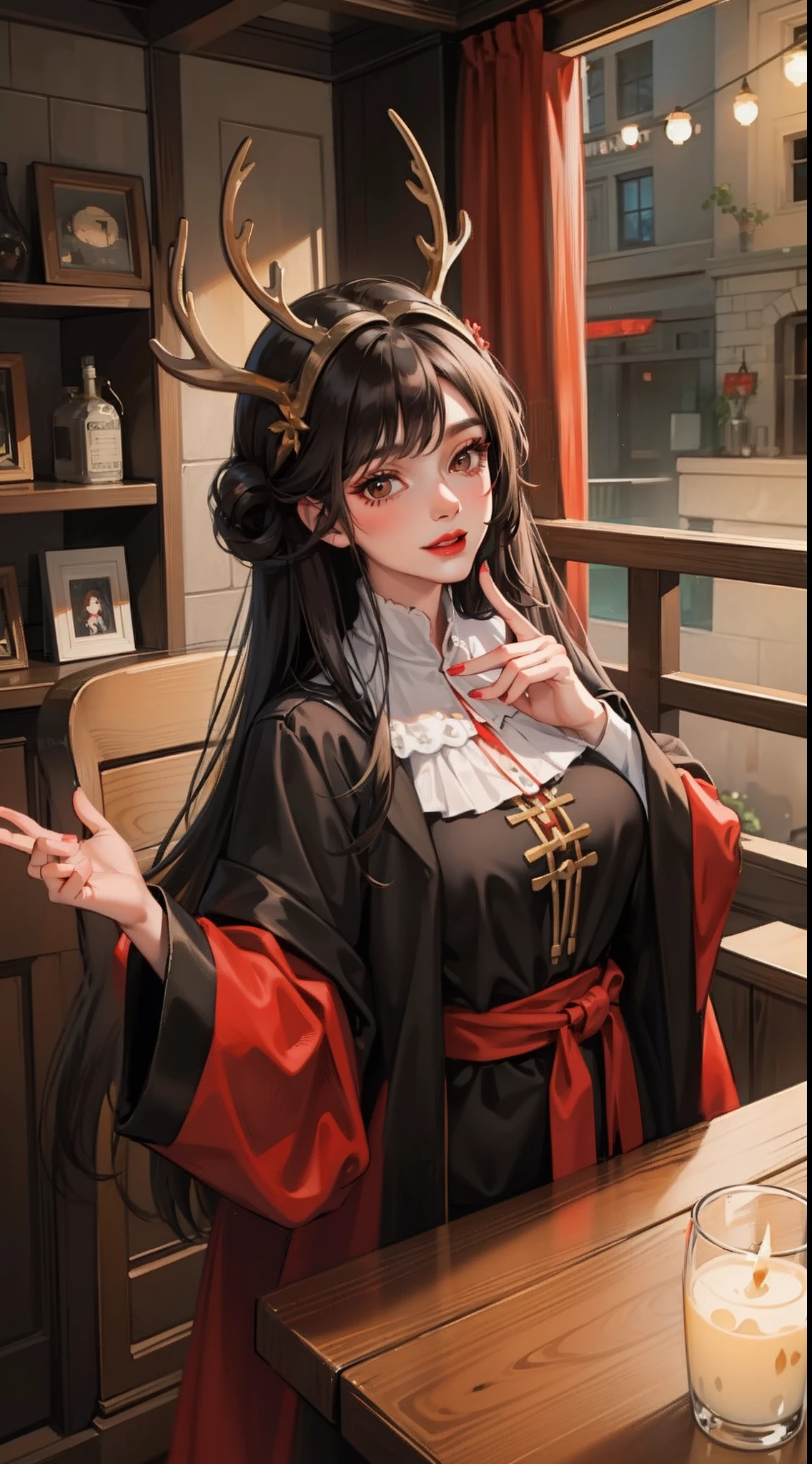 Adult woman, Long black hair, Deer antlers, Brown eyes, Lush breasts, Russian peasant clothing, red lipstick, Smile, Masterpiece, hiquality