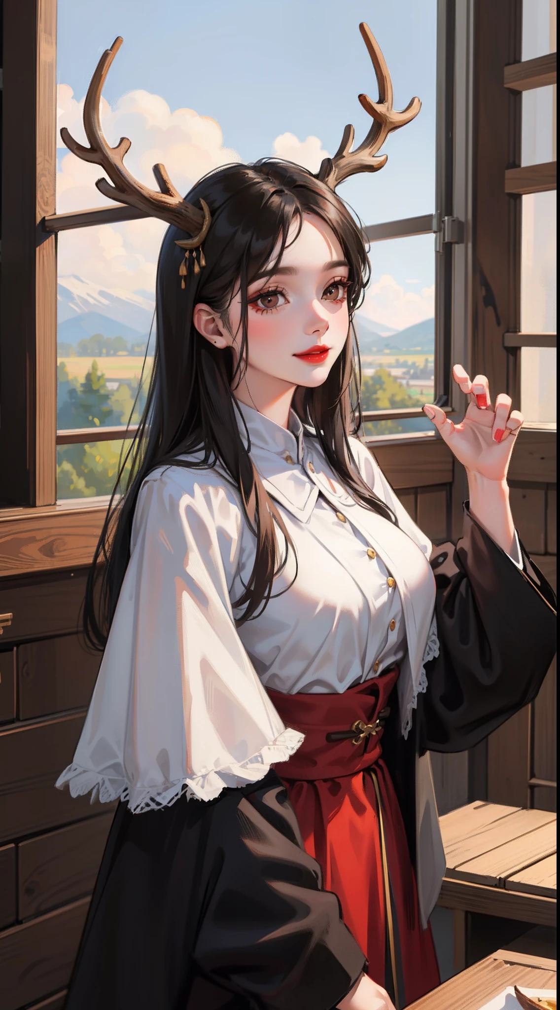 Adult woman, Long black hair, Deer antlers, Brown eyes, Lush breasts, Russian peasant clothing, red lipstick, Smile, Masterpiece, hiquality