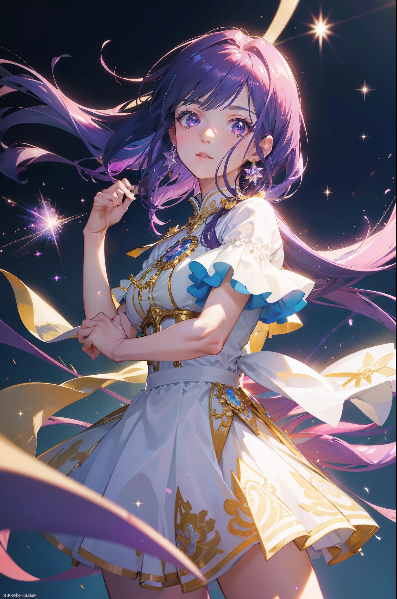 masterpiece, best quality, beautiful detailed hair detailed face, perfect feminine face, (dynamic pose), [(attractive pose)], a beautiful and cute girl with sparkling and glowing purple hair, (sparkle particle), lens flare, sharp focus, volumetric lighting, by sakimichan, george kamitani, akira yasuda, trending on artstation, get million like, intricate details