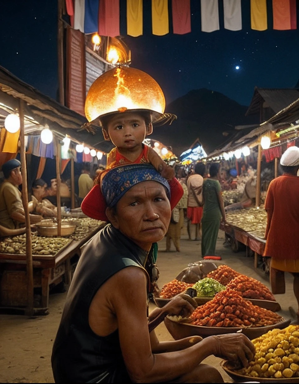 Indonesians people at the tradisional market, roll out shanties, peoples wearing astronout helm,behind Indian rockets on the moon, at night,