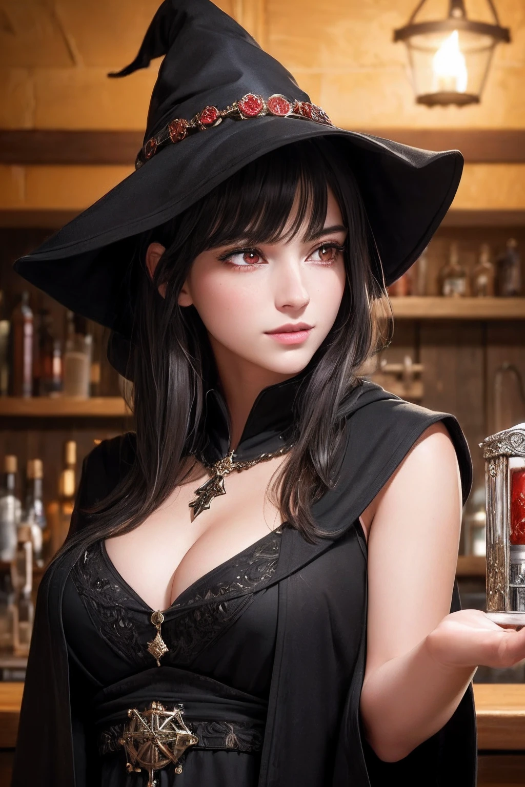 (skindentation:1.5), realistic, photorealistic, (masterpiece:1.5), concept art, intricate details, highly detailed, octane render, 8k, unreal engine, dynamic pose, best quality, highres, ((dramatic)), epic, depth of field, 8k, particles, (realistic face:1.1, hyperrealistic:1.1), ((1girl, close-up, large breasts, bare shoulders,  perfect eyes, detailed eyes, high quality eyes, perfect_face, high quality face, shiny skin:1.2, shiny face:1.2, embarrassed, blush:0.8)),  server, rustic tavern interior in background, pitcher, sign, jovial fantasy atmosphere, detailed  background, blurry wooden bar table as foreground, (((black hair, red eyes, perfect hands))), ((witch, sorcerer, extremely intricate dark robes, dark hood, amulet, talisman, grimoire, crystal ball, tarot card, candle, cauldron, ritual knife, holding wand))