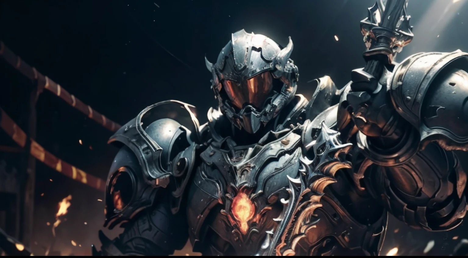 um homem, V-shaped mechanical helmet, olhos de capacete com luz vermelha, vestindo um terno mech Doom Slayer sexy preto, holding  one axe larga amarela brilhante com efeito de luz vermelha,Flames A Place in Hell Destroyed in the Apocalypse, realista, melhor qualidade de imagem, highest definition and clarity, Original, High detail, Action painting, , Cinematic lighting, ray tracing, luz refletida, cowboy shot, Close-up, desenho de postura de batalha, Camadas, luz suave,