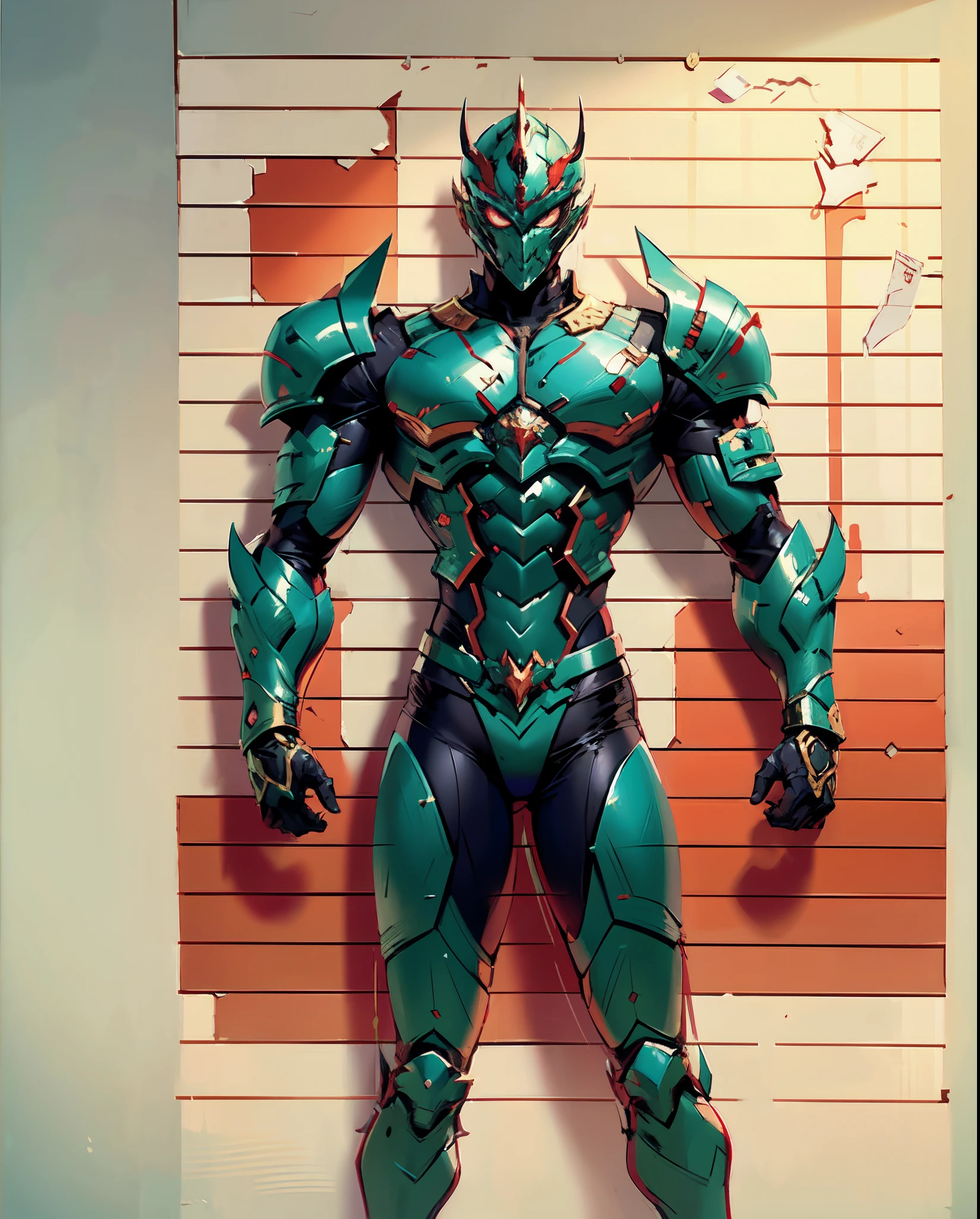 A man wearing a helmet that covers a large portion of his face, dressed in a fantasy-style armor with a biologically-inspired design, the armor's color scheme is predominantly black as the main colors, with accents of  red textures, He embodies a fantasy-style armored hero with a Japanese anime-inspired design, with intricate character design and a mature artistic style, ((character concept art)), full body character drawing, high definition, best quality, ultra-detailed, extremely delicate, anatomically correct, symmetrical face, extremely detailed eyes and face, high quality eyes, creativity, RAW photo, UHD, 8k, professional lighting, soft lighting, (masterpiece:2)