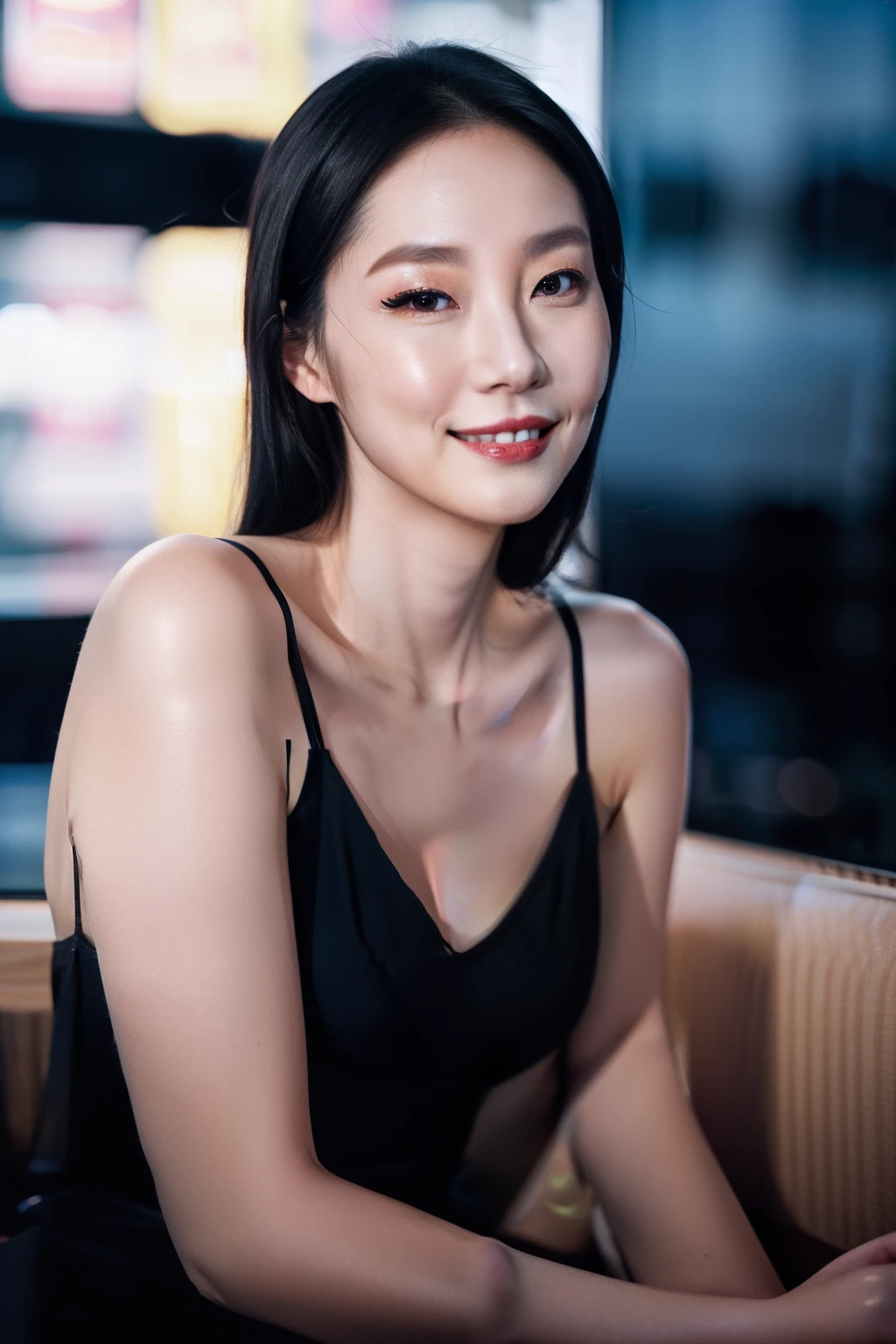 1girl, idol, model, depth of field, photo, film, face, skinny, smile, collarbone, teeth, movie, camisole, selfie, night, Nikon 800mm lens, f/4, 5 second shutter. Tall, feminine, Instagram model, long black hair, petite nose, thin eyebrows, posed, confident, smiling, eyeshadow, eyeliner, contour, foundation, Thin black flowy dress, cleavage, glossy, D-cup, breasts,