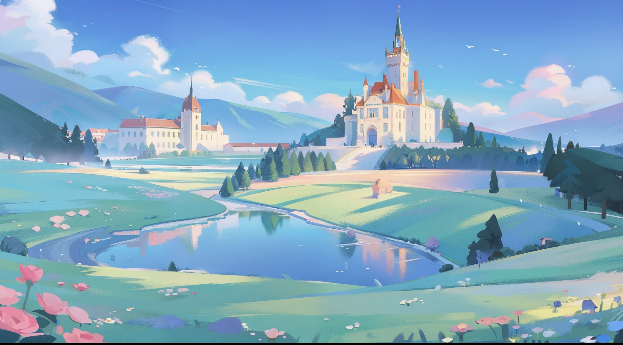 masterpiece, best quality, 8k resolution, sharp focus, intricate detail, beautiful landscape, fantasy storybook castle, magical landscape, colorful, whimsical, magical, high resolution, fine details, fantasy, lake, flowers, garden, village, (huge castle), colorful beautiful sky