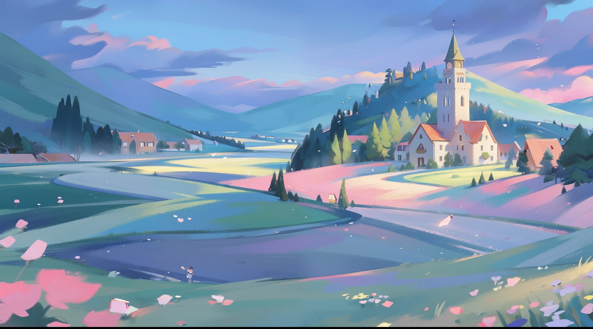 masterpiece, best quality, 8k resolution, sharp focus, intricate detail, beautiful landscape, fantasy storybook castle, magical landscape, colorful, whimsical, magical, high resolution, fine details, fantasy, lake, flowers, garden, village, (huge castle), colorful beautiful sky