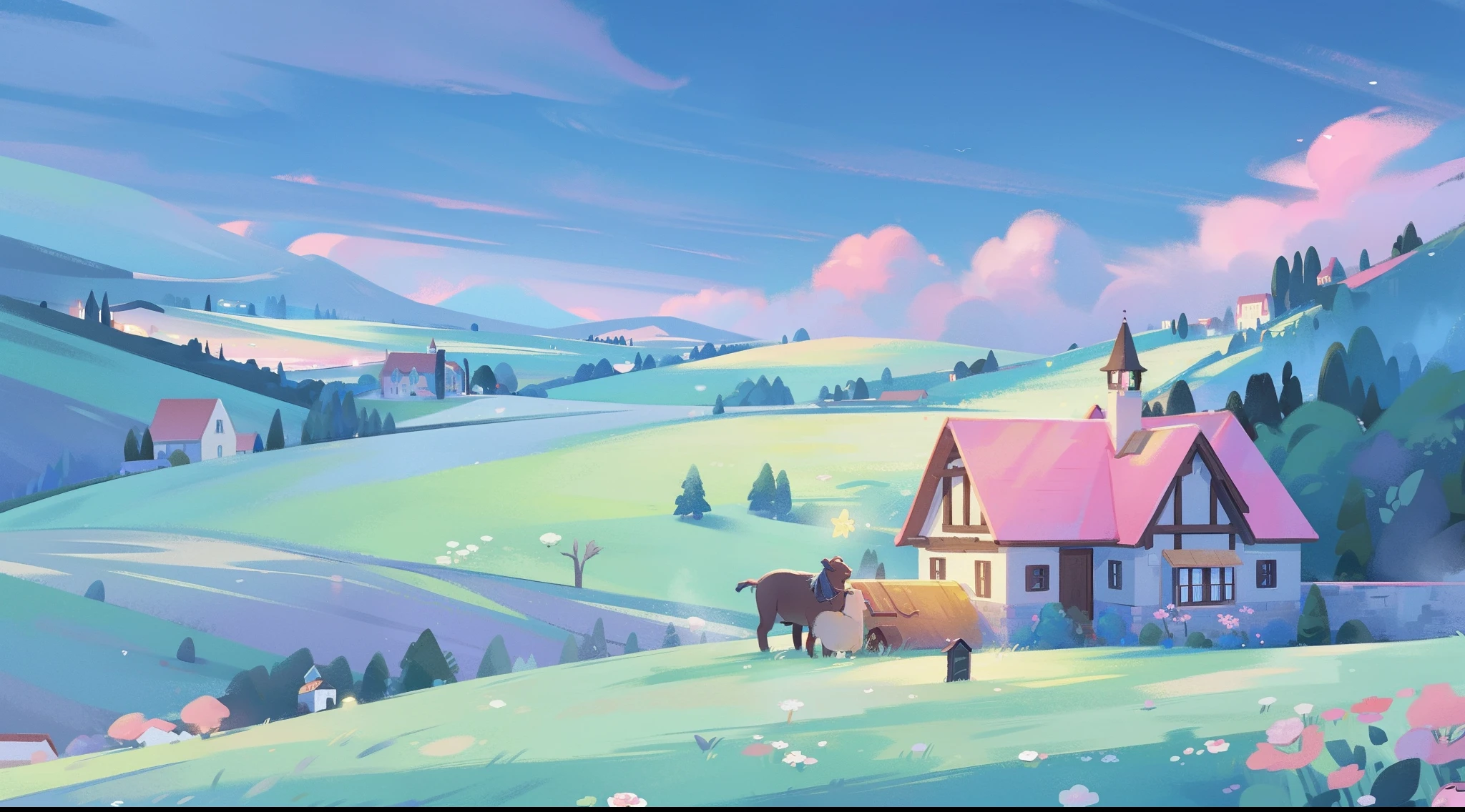 masterpiece, best quality, 8k resolution, sharp focus, intricate detail, beautiful landscape, fantasy storybook castle, magical landscape, colorful, whimsical, magical, high resolution, fine details, fantasy, lake, flowers, garden, village, (huge castle), colorful beautiful sky