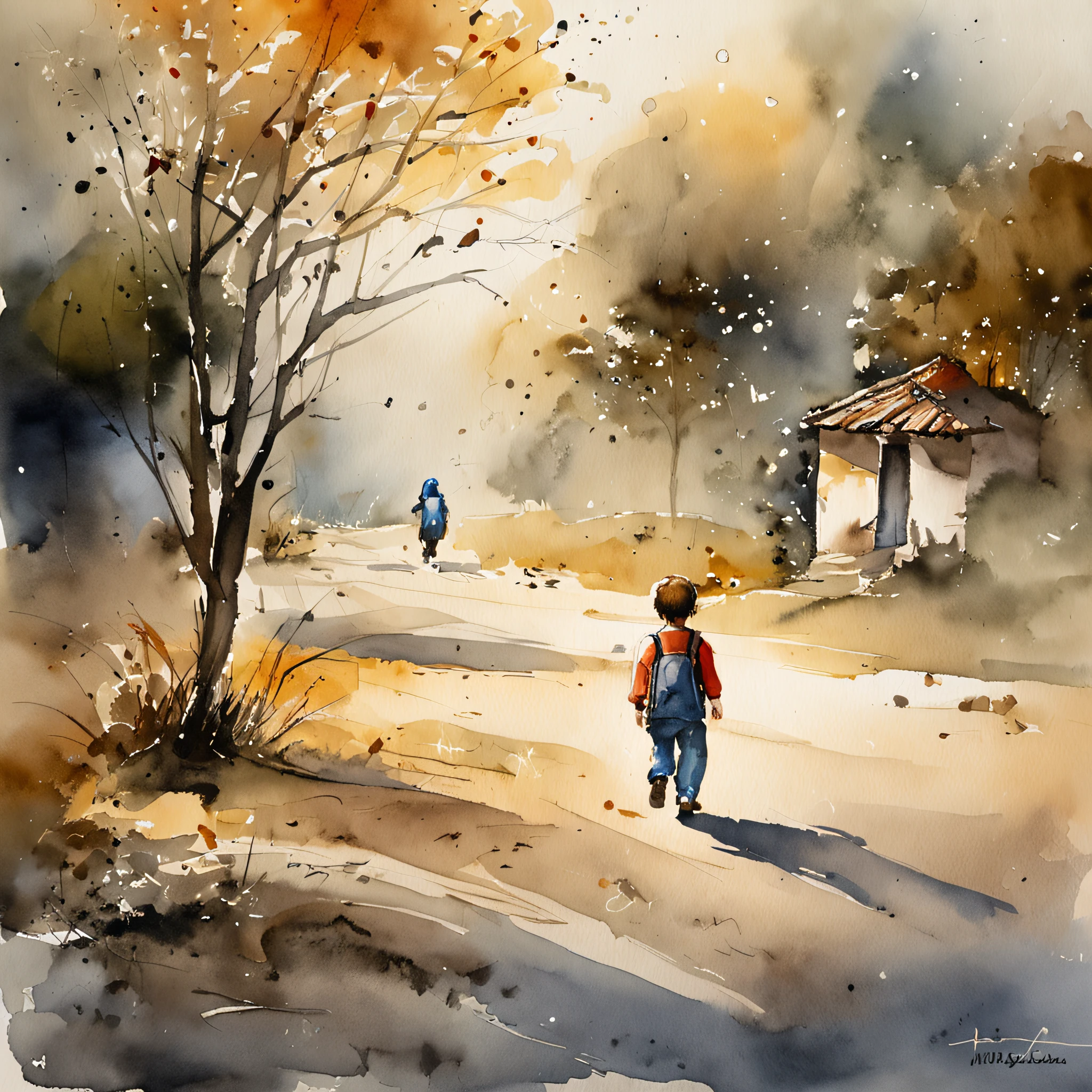Child going to school walking, Uma sombra em Forma de andador, noite estrelada, Thick fog on the ground, Luz azul no horizonte, Motor Unreal 5, cinemactic, Low-angle photography, motion blur, profundidade de campo, dust, Cobblestones and dirt. Arte Splash, pingando tinta. Perfect color classification. influenciado por karel Appel e jeremy mann, Full of dramatic and threatening scenes, hiper-detalhado, Beautiful, detalhes insanos, detalhes intrincados, fotografia editorial, Fotografado com uma lente de 50mm, profundidade de campo, Tilt Blur, velocidade do obturador 1/1000, F/22. Mapas de luz, super brilhante