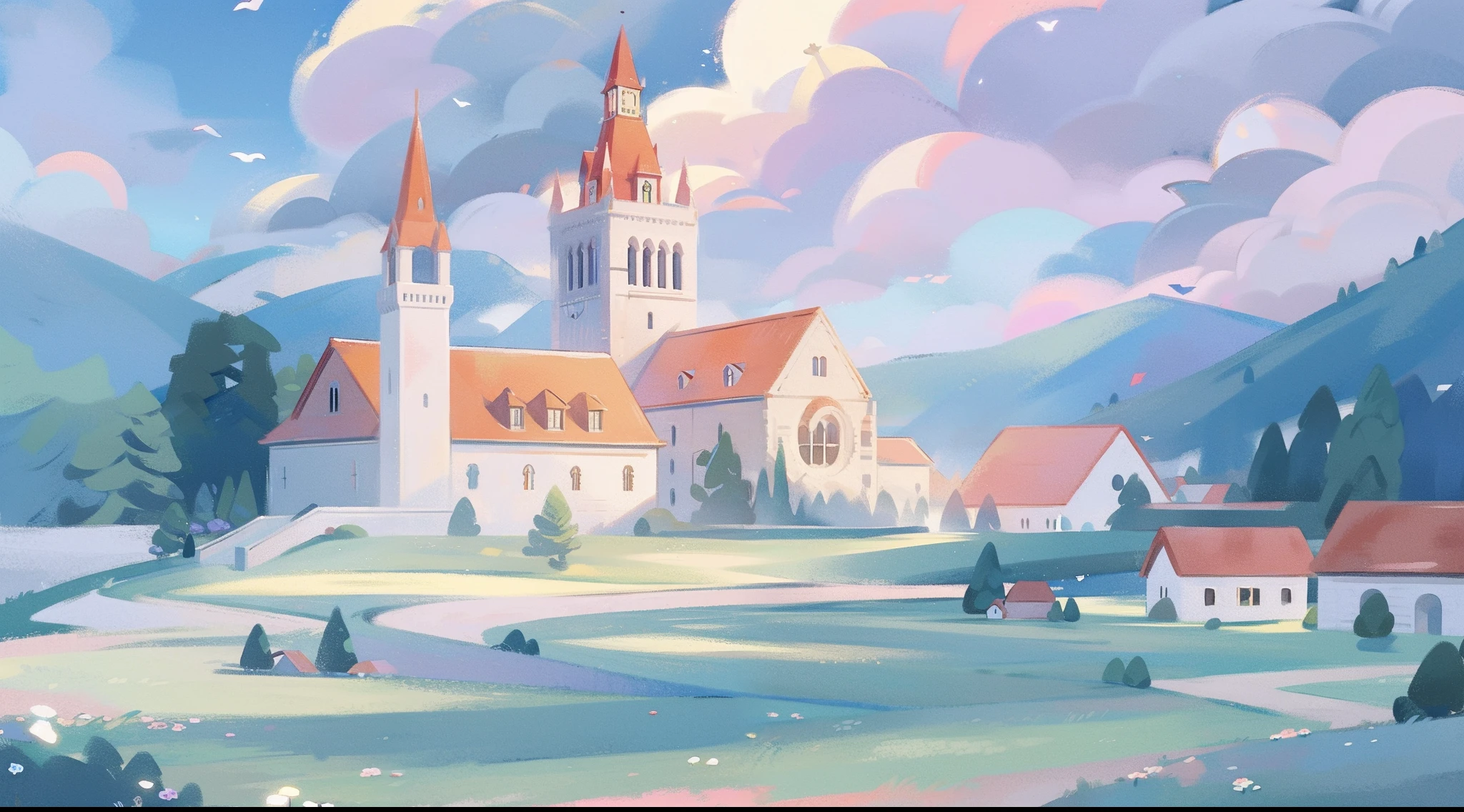 watercolor, children's storybook illustration, a castle surrounded by a village, houses, cottages, buildings, towers, clouds, colorful, pastel colors, bright, ((masterpiece)), ((best quality)), 8k, intricate detail, high resolution, highly detailed environment, perfect architecture, sharp focus, highly detailed, fine detail, masterpiece, best quality, tiny details, watercolor storybook illustration, huge medieval castle, towers and turrets, clouds, whimsical, warm colors, bright, ((cathedral with stained glass windows))