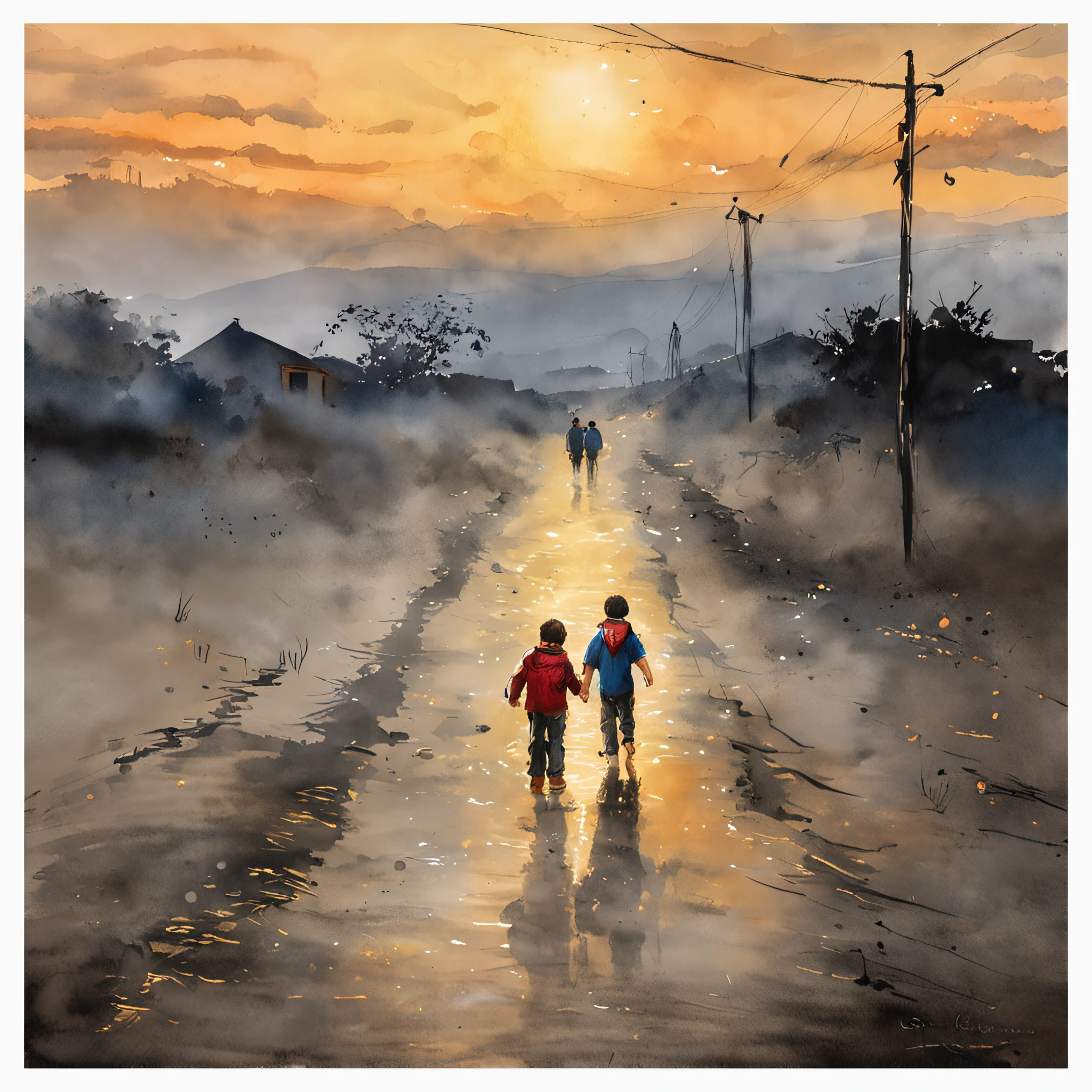 Child going to school walking, Uma sombra em Forma de andador, noite estrelada, Thick fog on the ground, Luz azul no horizonte, Motor Unreal 5, cinemactic, Low-angle photography, motion blur, profundidade de campo, dust, Cobblestones and dirt. Arte Splash, pingando tinta. Perfect color classification. influenciado por karel Appel e jeremy mann, Full of dramatic and threatening scenes, hiper-detalhado, Beautiful, detalhes insanos, detalhes intrincados, fotografia editorial, Fotografado com uma lente de 50mm, profundidade de campo, Tilt Blur, velocidade do obturador 1/1000, F/22. Mapas de luz, super brilhante