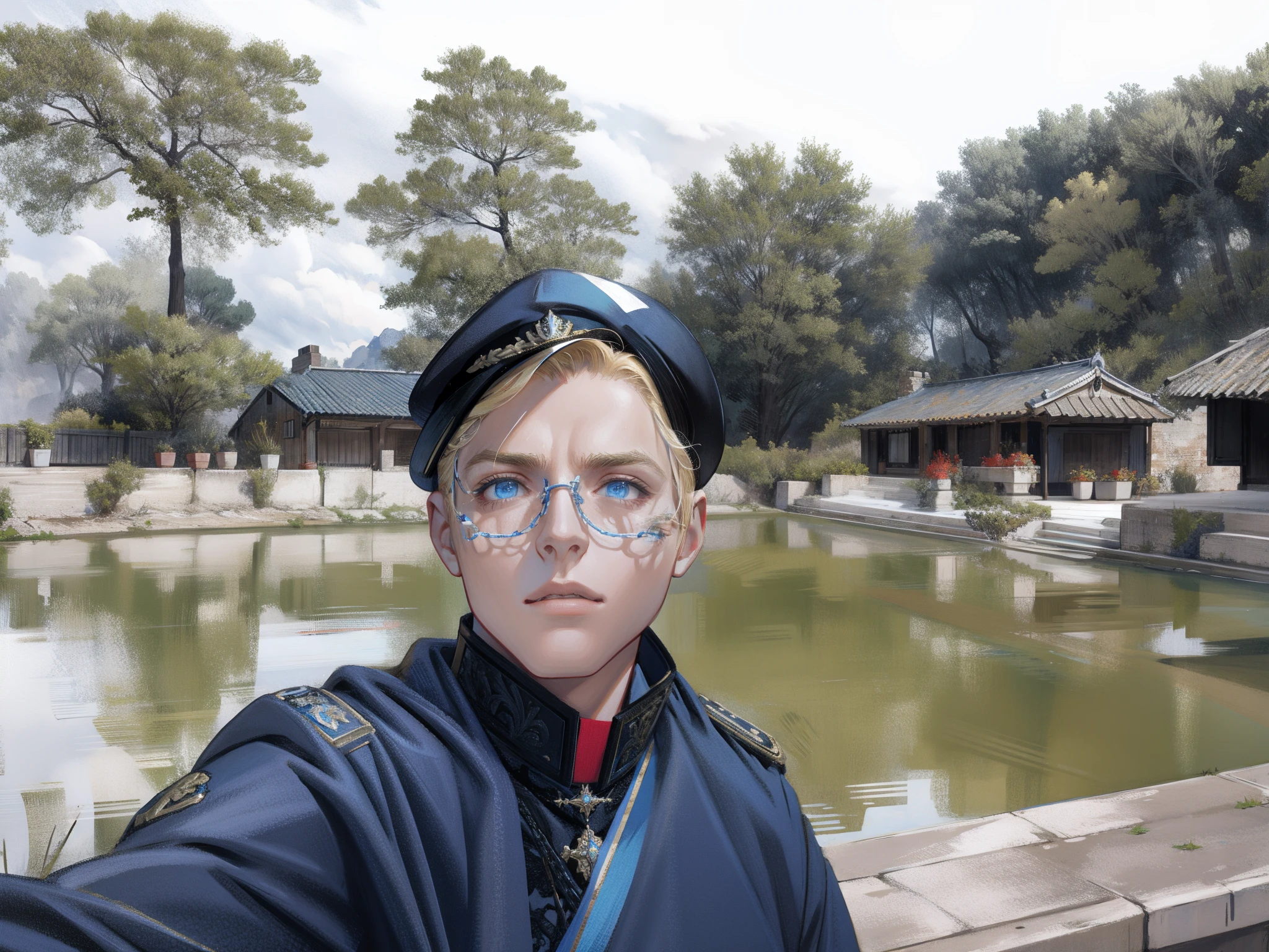 (masterpiece, best quality), 1 male, mature, aged up:1.4, tall muscular guy, broad shoulders, finely detailed eyes and detailed face, extremely detailed CG unity 8k wallpaper, intricate details, Fantasy, royal, nobleman, Admiral, short hair, blonde hair, blue eyes, fleet commander, navy, commander, white uniform, ocean, cloudy sky, wave