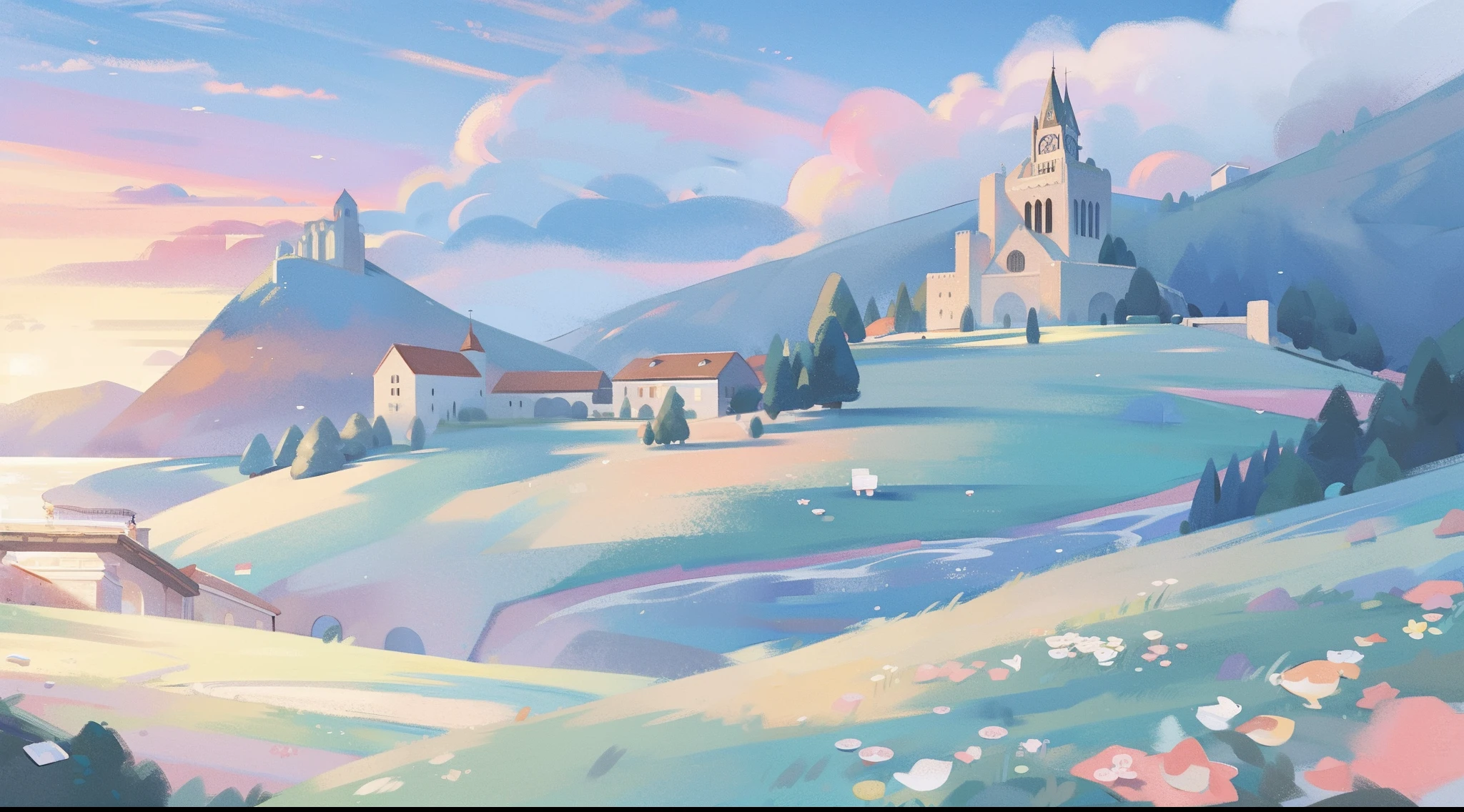 watercolor, children's storybook illustration, a castle surrounded by a village, houses, cottages, buildings, towers, clouds, colorful, pastel colors, bright, ((masterpiece)), ((best quality)), 8k, intricate detail, high resolution, highly detailed environment, perfect architecture, sharp focus, highly detailed, fine detail, masterpiece, best quality, tiny details, watercolor storybook illustration, huge medieval castle, towers and turrets, clouds, whimsical, warm colors, bright, ((cathedral with stained glass windows))