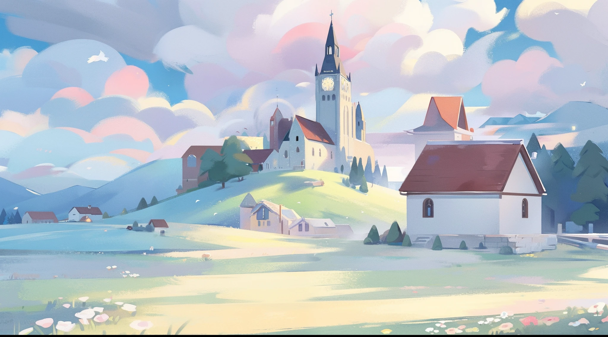 watercolor, children's storybook illustration, a castle surrounded by a village, houses, cottages, buildings, towers, clouds, colorful, pastel colors, bright, ((masterpiece)), ((best quality)), 8k, intricate detail, high resolution, highly detailed environment, perfect architecture, sharp focus, highly detailed, fine detail, masterpiece, best quality, tiny details, watercolor storybook illustration, huge medieval castle, towers and turrets, clouds, whimsical, warm colors, bright, ((cathedral with stained glass windows))