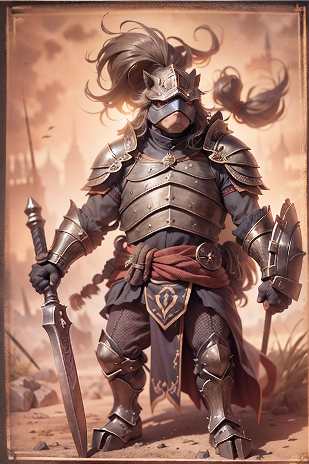 (anthropomorphic turtle),(horse warrior:1.4),coda,a tall body,Stout limbs,disdain,ran,tosen,The long hairs of the flame fluttered in the wind,combats,Dynamic lines,Dimly lit battlefield,Ruined castle,(stereoscopic perspective:1.4),Works of masters,super-fine,4K分辨率,high qulity,电影灯光,High picture detail,Detailed pubic hair,Epic shooting,Clearly focused hair,Detailed hair depiction,acurate