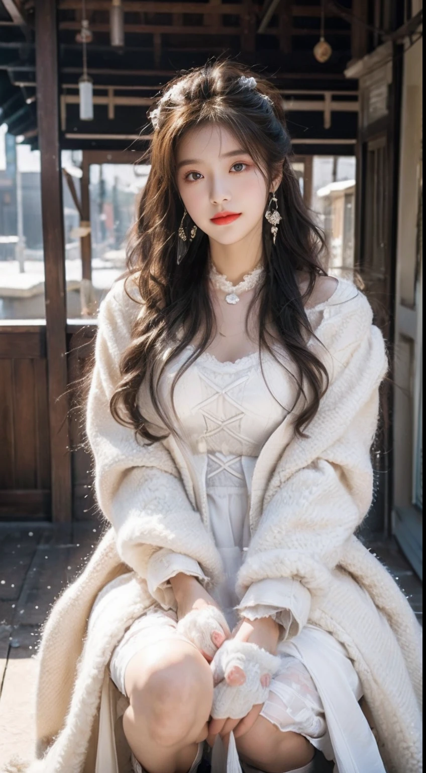((best qualtiy,tmasterpiece,超A high resolution)),(realisticlying:1.4),(Korean star poster-like),1girll,From head to knees,Dynamic posture,adult face,Slim,(ssmile),joy,Reflective eyes,(shiny skins),(contours,frontage),whaite hair,long whitr hair,黑The eye,Top fashion,((White plush coat)),Beautiful costumes,(ta costume),(short skirt),(Real drifting snow:1.5,snow cover,Simple street),(Clear eyes),(Clear nose),(Clear lips),(Fair skin),(Ultra-realistic textile textures),cinmatic lighting,35mm,offcial art,Incredibly Ridiculous res,hugefilesize,