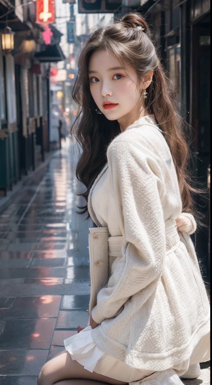 (（best qualtiy，tmasterpiece，超A high resolution）)，（realisticlying：1.4），(Korean star poster-like)，1girll，From head to knees，Dynamic posture，adult face，Slim，(ssmile)，joy，Reflective eyes，（shiny skins），（contours，frontage)，whaite hair，long whitr hair，黑The eye，Top fashion，（（White plush coat）），Beautiful costumes，(ta costume)，(short  skirt)，（Real drifting snow：1.5，snow cover，Simple street），(Clear eyes)，(Clear nose)，(Clear lips)，(Fair skin)，(Ultra-realistic textile textures)，cinmatic lighting，35mm，offcial art，Incredibly Ridiculous res，hugefilesize，