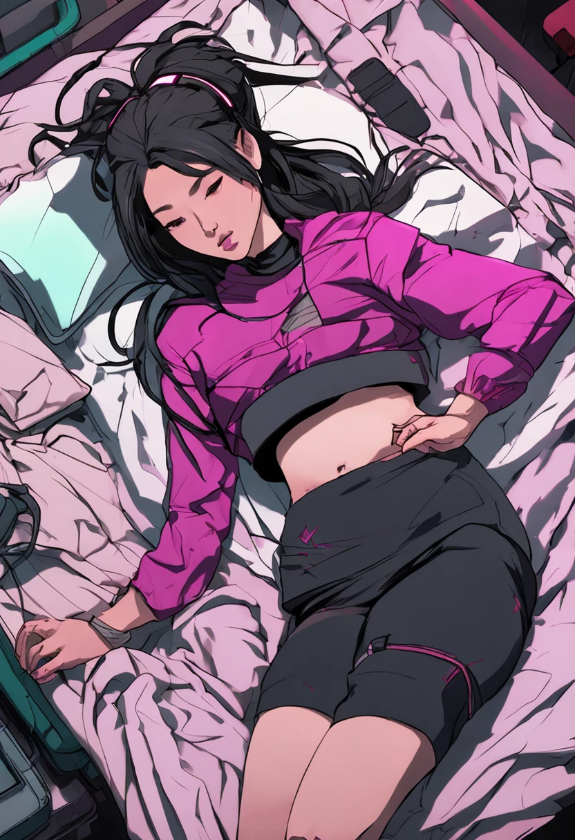 Cyberpunk Asian woman lying on her stomach