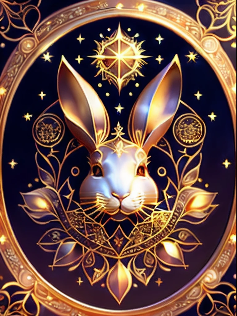 (Zodiac rabbit head) Simple style, Best quality, Beautiful,Fractal art,Holy light,gold foil,Gold leaf art,Self-luminescence,Represented in the picture