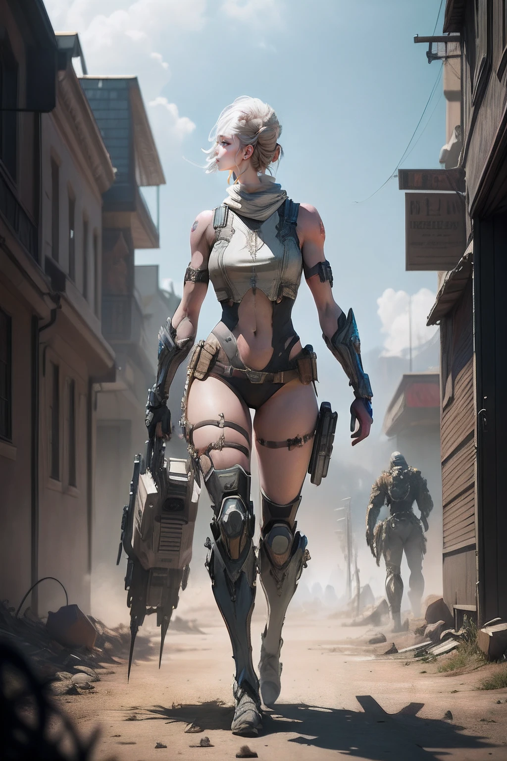 Full body concept characters post-apocalyptic warframe mech Tebash albino women Greg Rutkowski and Norman Rockwell and Alphonse Mucha Octane render masterpieces, trending on artstationh, behans, CGSesociety, Extremely detailed, Amazing, Beautiful, Rainbow colors, High definition, World renowned, PS5