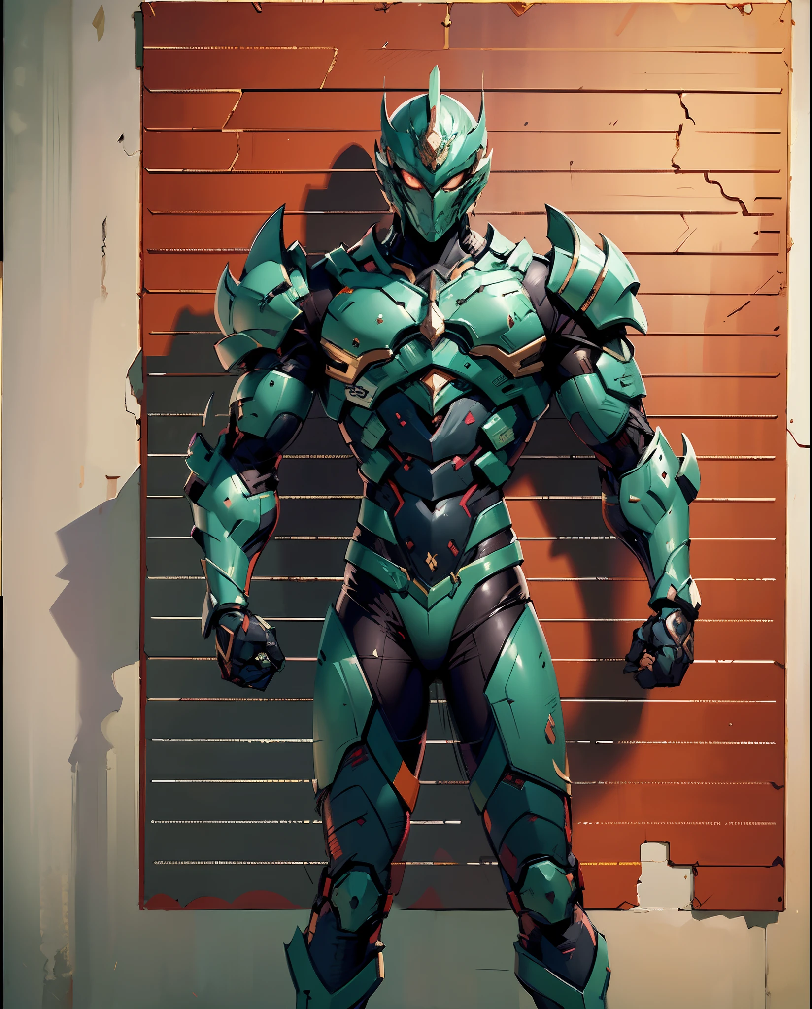 A man wearing a helmet that covers a large portion of his face, dressed in a fantasy-style armor with a biologically-inspired design, the armor's color scheme is predominantly black as the main colors, with accents of red textures, He embodies a fantasy-style armored hero with a Japanese anime-inspired design, with intricate character design and a mature artistic style, ((character concept art)), full body character drawing, high definition, best quality, ultra-detailed, extremely delicate, anatomically correct, symmetrical face, extremely detailed eyes and face, high quality eyes, creativity, RAW photo, UHD, 8k, professional lighting, soft lighting, (masterpiece:2)