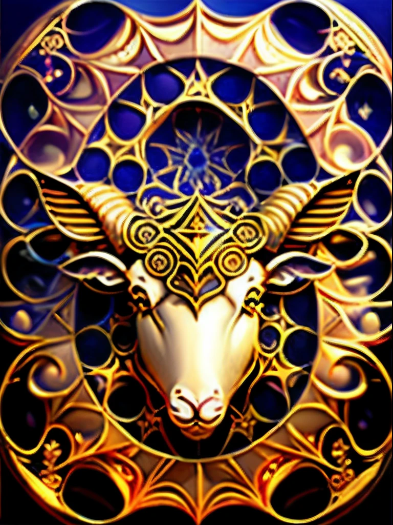 (Zodiac sheep's head) Simple style, Best quality, Beautiful,Fractal art,Holy light,gold foil,Gold leaf art,Self-luminescence,Represented in the picture