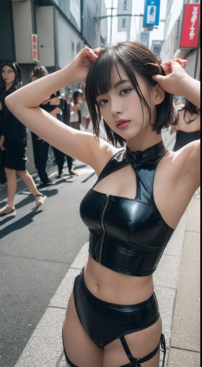 (In the cell), Woman with whip, ((quality, 8K, masterpiece: 1.3)), Be focused: 1.2, Beautiful woman with perfect body: 1.4, Slim abdominal muscles: 1.2, ((Layer cutting, Large: 1.2)), (rain, street: 1.2), Wet: 1.5, Highly detailed face and skin textures, Delicate eyes, Very short hair, studio,BDSM, , Rubber dress