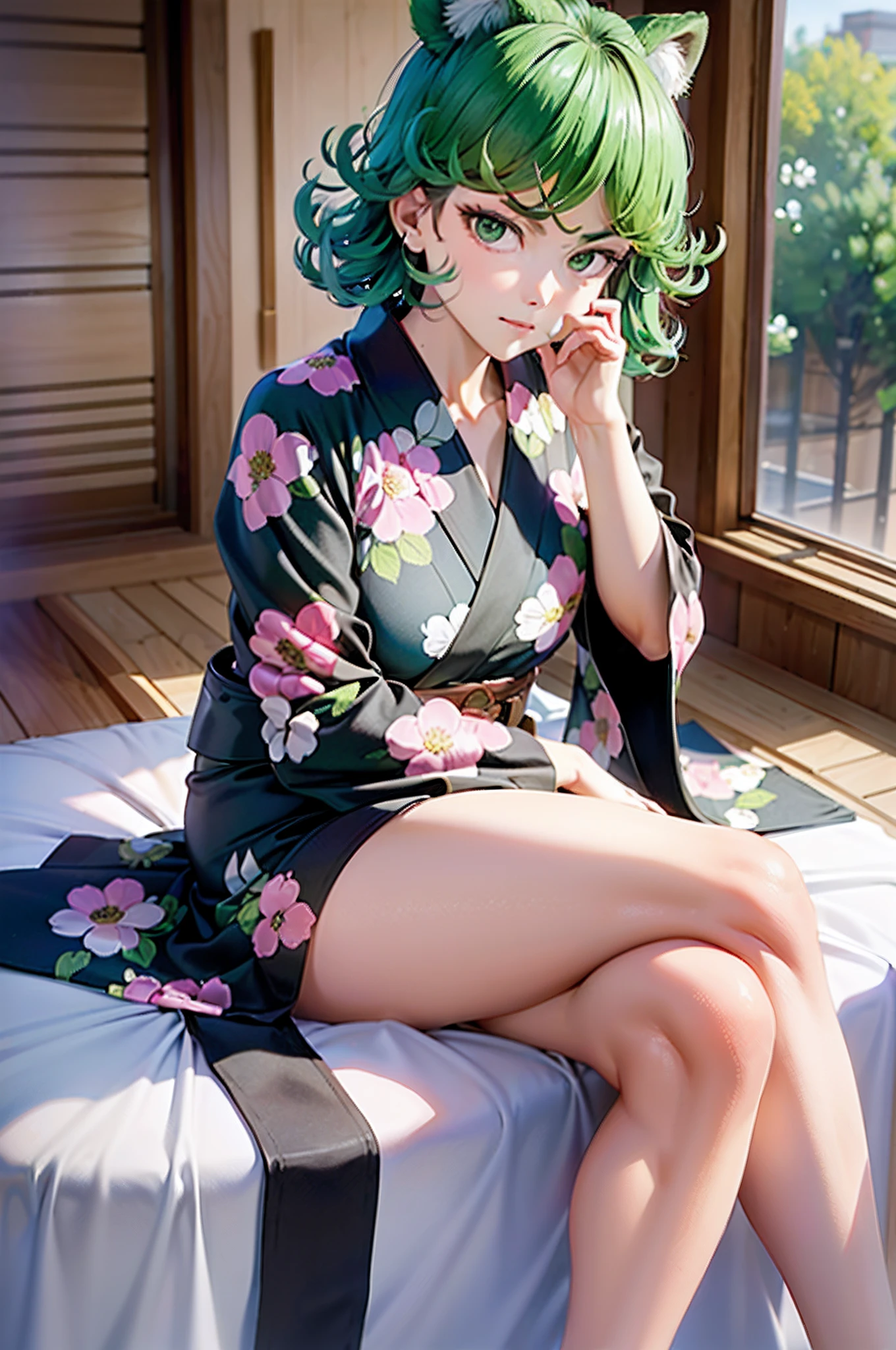 (Masterpiece, Best Quality:1.2), 独奏, 1girl, tatsumaki, unamused, closed mouth, looking a viewer, hand on our face, sitting, Short black kimono ,big thighs,crossing leg