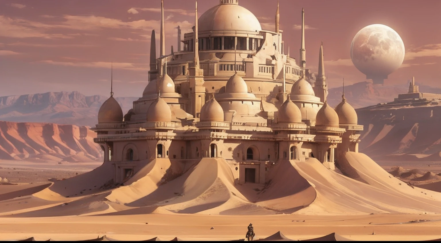 Naked alien vampires on desert dune planet with gigantic fortress and massive ancient alien structures thousands of ft wide and high