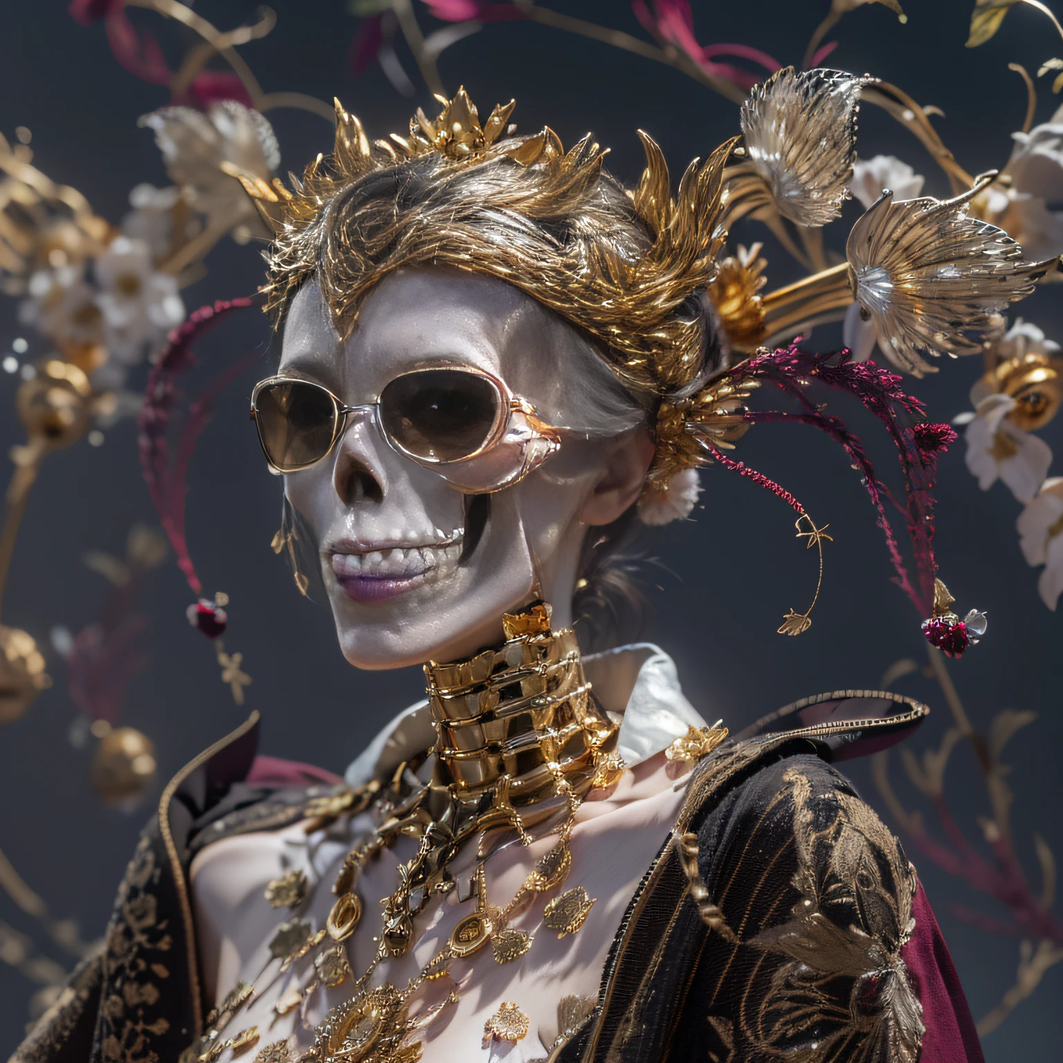 Snow Circle Pond Forbidden Area，32K（tmasterpiece，k hd，hyper HD，32K）Burgundy double ponytail，flower stick，Indigo Skull King ，Hold the heavy wooden steering wheel （The skeleton is realistic：1.4），Crocodile pattern robe，Rusty skull ornaments，Sargin linen cloak，Petals flutter，Deep gold sunglasses，Hold your head high，Be proud，The nostrils look at people，A primary and secondary school student， A high resolution，Xueba， the detail， RAW photogr， Sharp Re， Nikon D850 Film Stock Photo by Jefferies Lee 4 Kodak Portra 400 Camera F1.6 shots, Rich colors, ultra-realistic vivid textures, Dramatic lighting, Unreal Engine Art Station Trend, cinestir 800，Hold your head high，Lateral face，Be proud，The nostrils look at people，Tsundere，Petals flutter，Petals flutter，Crocodiles sprinkled with gold dust，Fluttering，Impeccable，( reasonable design, Clear lines, High sharpness,Best quality, Very detailed skeleton, The skeleton of a masterpiece, offcial art, movie light effect, 8K crocodile skeleton（（（Platinum marble sunglasses）））Deep gold sunglasses，side portrait