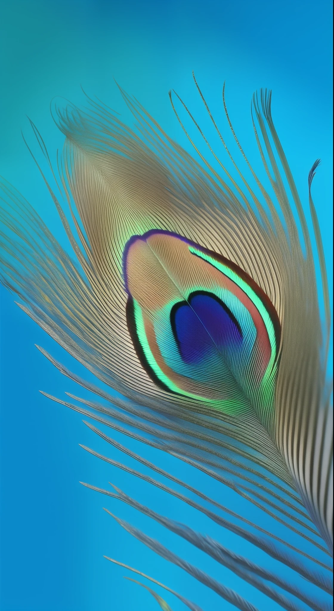 Peacock feathers on blue background，A feather, Peacock feathers, peacock colors, beautiful feathers, peacock, colorful feather, Real feathers, beautiful feathers, details and vivid colors, feater, colorful hd picure, close up portrait shot, Colorful feathers, feater, Colorful close-ups, Peacock feathers wrapped around the head