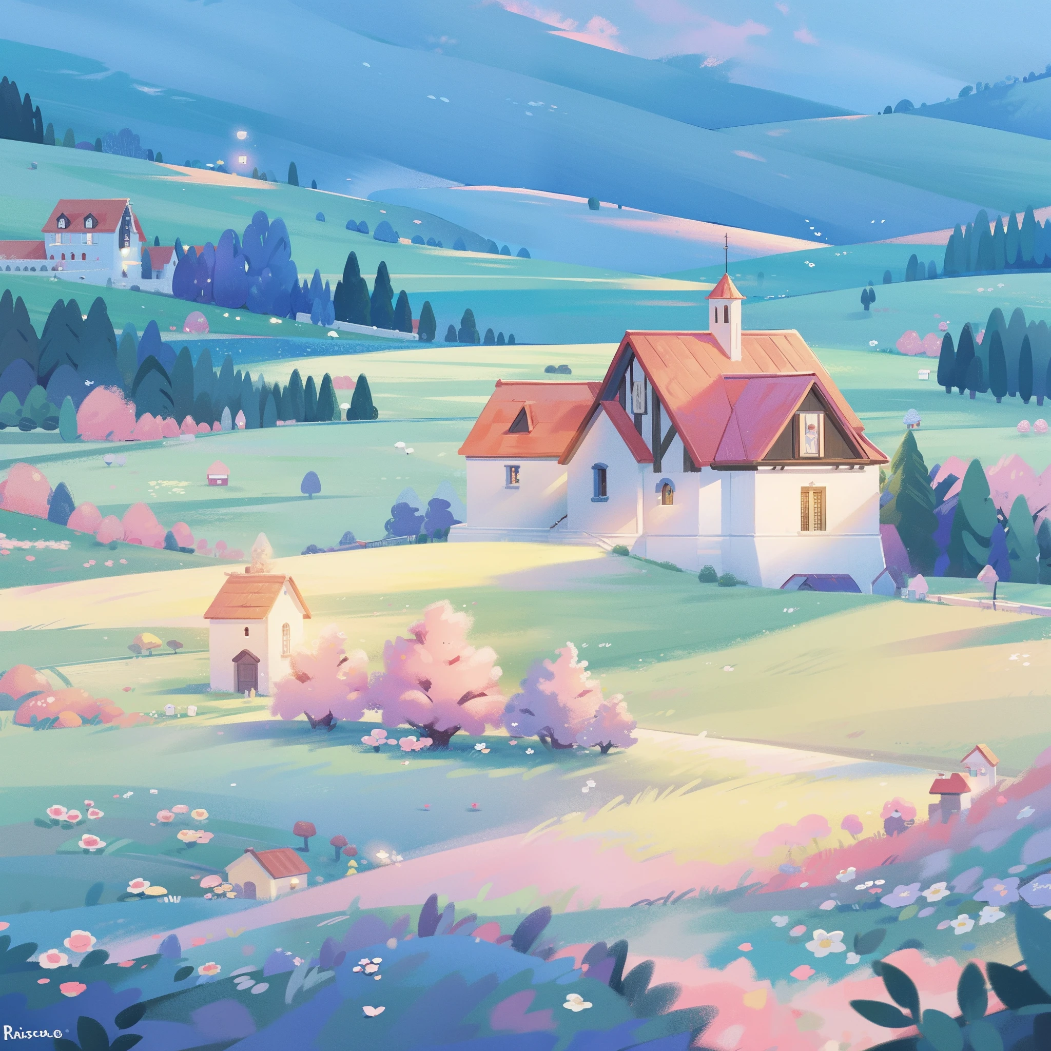 masterpiece, best quality, 8k resolution, sharp focus, intricate detail, beautiful landscape, fantasy storybook castle, magical landscape, colorful, whimsical, magical, high resolution, fine details, fantasy, lake, flowers, garden, village, (huge castle), colorful beautiful sky
