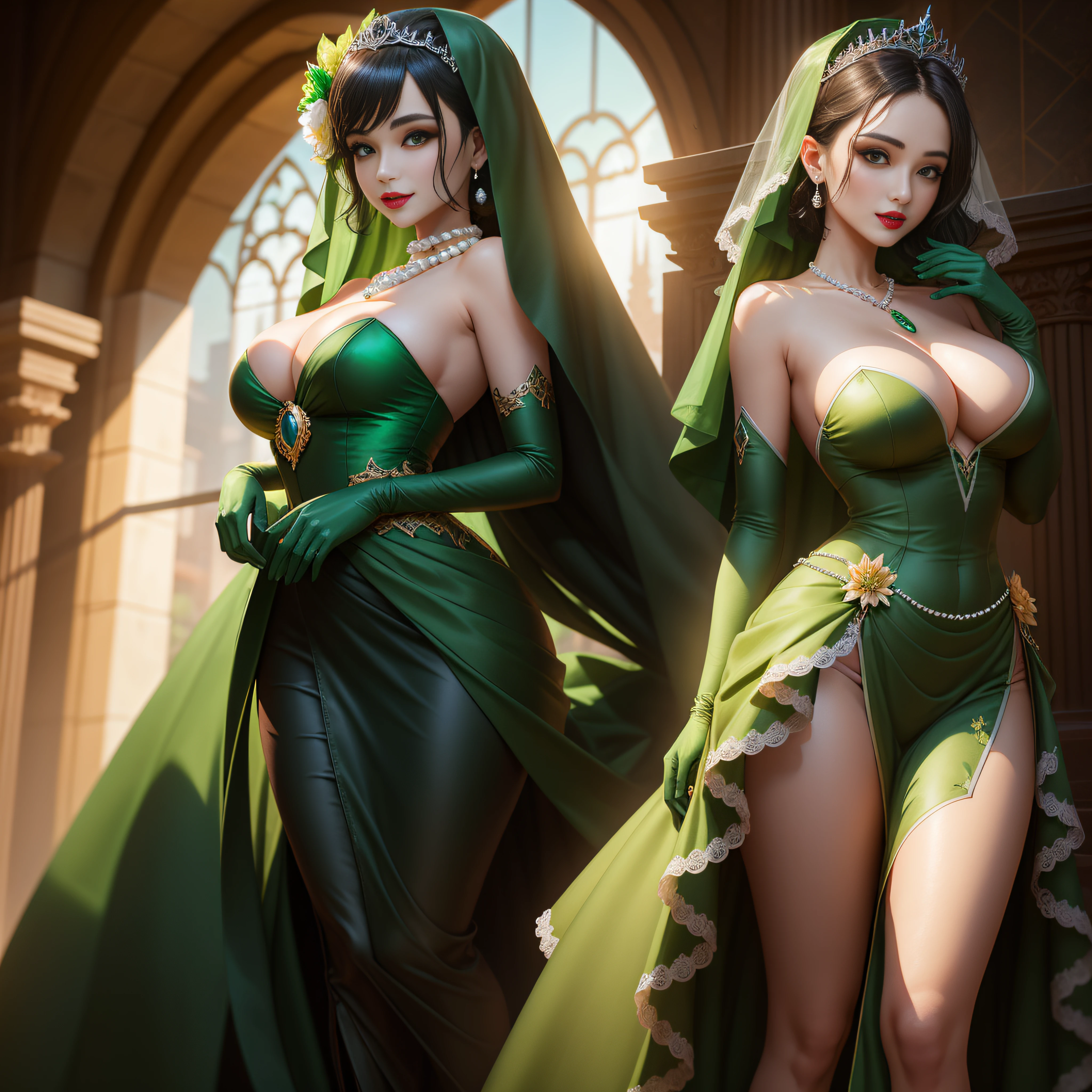 Two women in green dresses pose for photo, Green Dress Flower Cleanser，Sense of atmosphere, best qualtiy，tmasterpiece，1girll，30-years old，Green dress，Daytime Church，full body Esbian, Green gloves，With short black hair,Emerald tiara，big breasts beautiful，looking at viewert，ssmile，Green Bridal Veil，Green Long Grove，Satin green long gloves,　lipsticks, Green Pearl Necklace、Green gloves, Short black hair, Green Pearl Necklace, emerald tiara