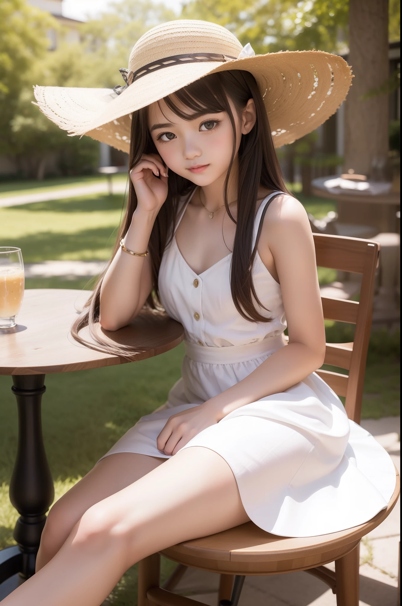 outside of house, Open Cafe, round table, sit a chair, Looking at the camera, Mini dress in white, semi long hair, One lady, a  high schooll straw hat, poseing