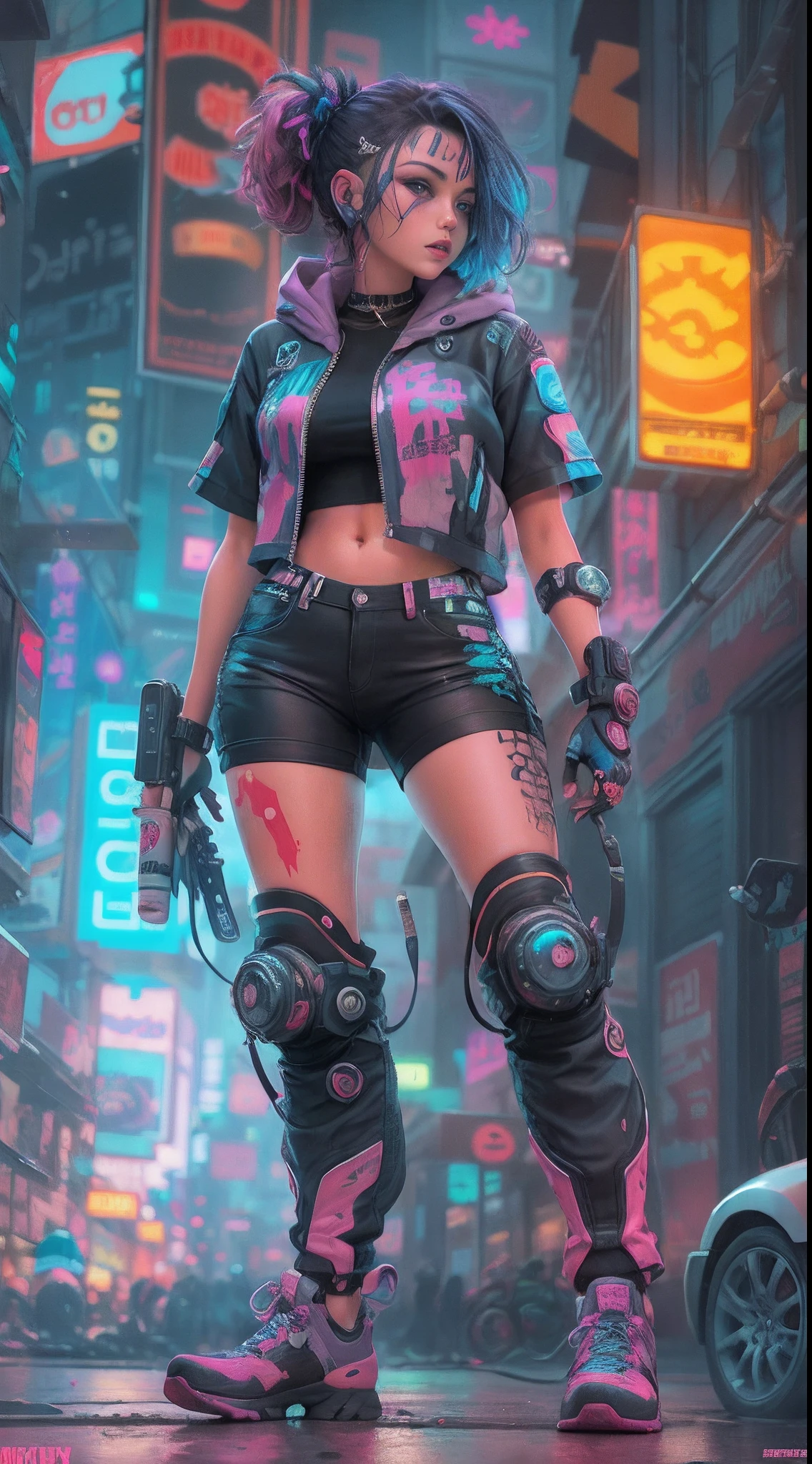 Obra maestra, La mejor calidad, 1 chica cyberpunk, Toma de cuerpo completo, De pie frente a la motocicleta, Mirando al espectador, Confident cyberpunk girl with daring expression, Conjunto pop inspirado en Harajuku, Colores y patrones llamativos, Accesorios llamativos, Peinado moderno e innovador, Maquillaje vibrante, Paisaje urbano deslumbrante cyberpunk, Rascacielos, neon signs, Luces LED, Esquema de colores brillantes y vivos, anime, illustration, Textura detallada de la piel, Textura detallada de la tela, Hermosa cara detallada, Detalles intrincados, Ultra detallado.