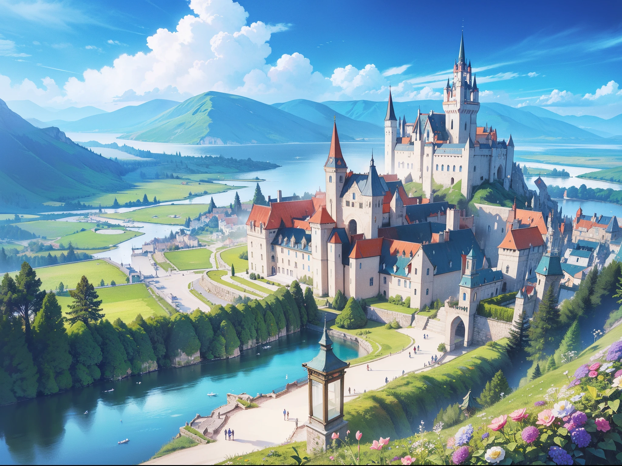 masterpiece, best quality, 8k resolution, sharp focus, intricate detail, beautiful landscape, fantasy storybook castle, magical landscape, colorful, whimsical, magical, high resolution, fine details, fantasy, lake, flowers, garden, village, (huge castle), colorful beautiful sky