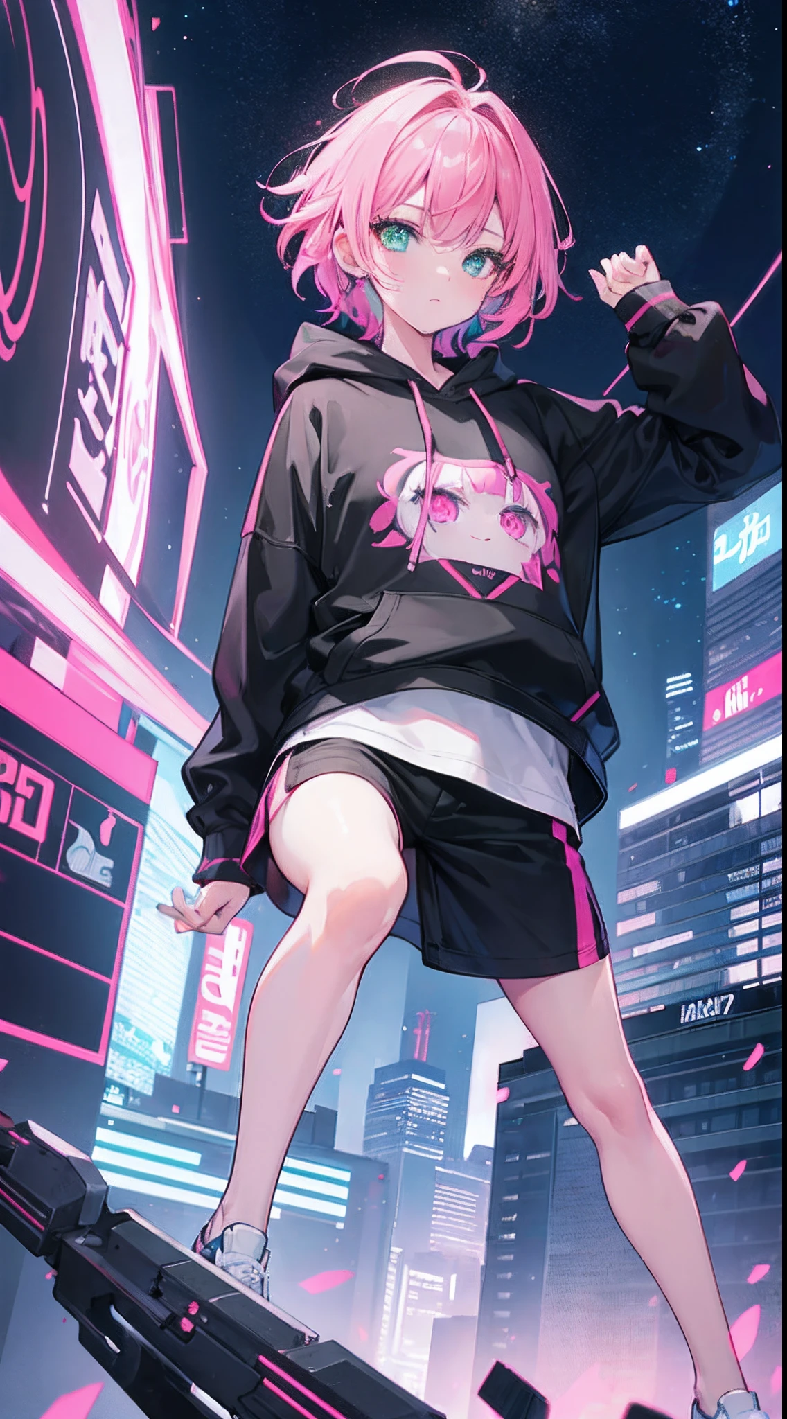 girl, (Masterpiece), (best anatomy), highres, ultra-detailed, dynamic lighting, dynamic colors, best background, best pose, beautiful, dreamy, dream girl, smooth skin, shiny skin, girl, Model, model pose, cute, hot, short bright pink hair, big neon green eyes, wide eyes, in the city, hoodie, black leggings, cute face, young face, ager, oversized hoodie,