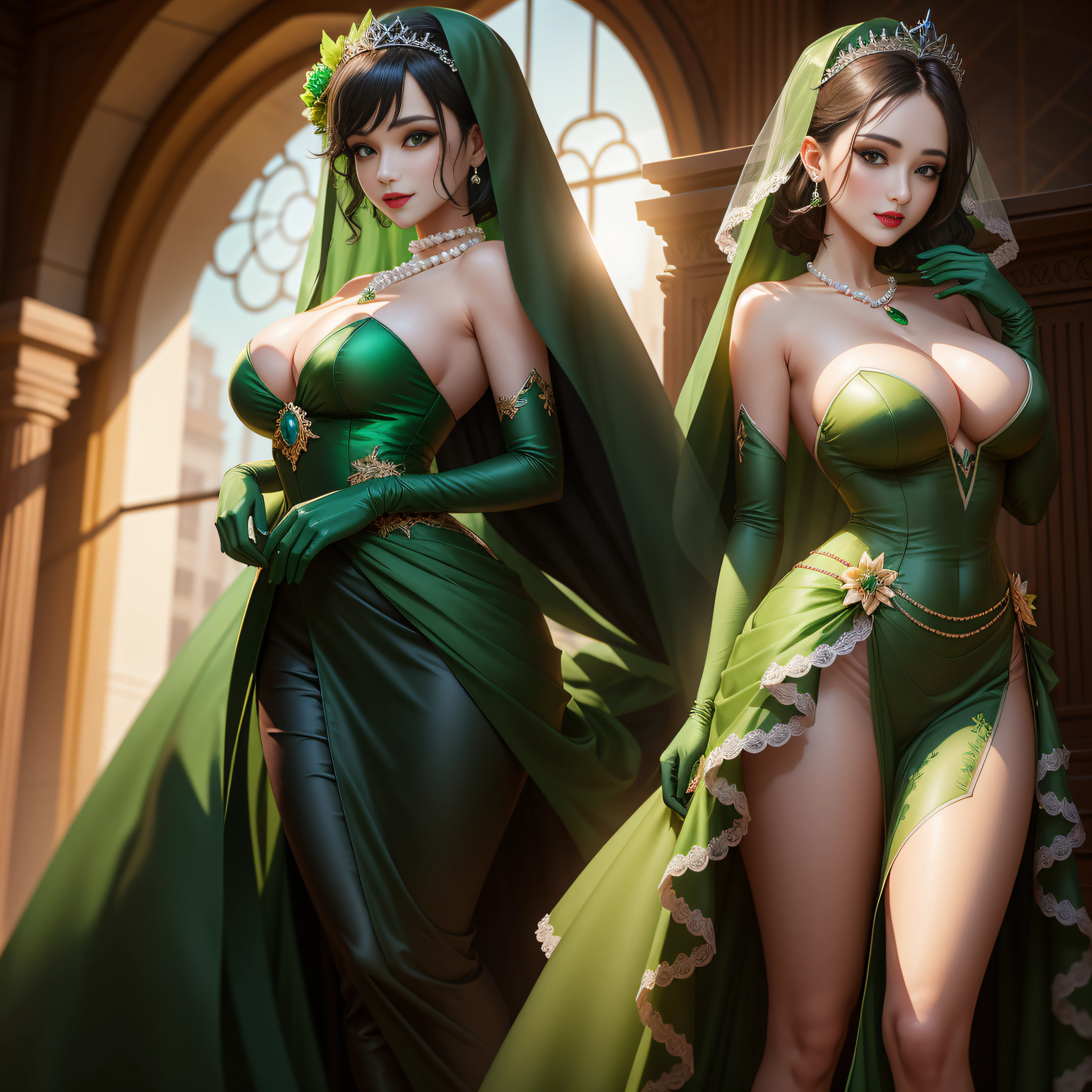 Two women in green dresses pose for photo, Green Dress Flower Cleanser,Sense of atmosphere, best qualtiy,tmasterpiece,1girll,30-years old,Green dress,Daytime Church,full body Esbian, Green gloves,With short black hair,Emerald tiara,big breasts beautiful,looking at viewert,ssmile,Green Bridal Veil,Green Long Grove,Satin green long gloves, lipsticks, Green Pearl Necklace、Green gloves, Short black hair, Green Pearl Necklace, emerald tiara