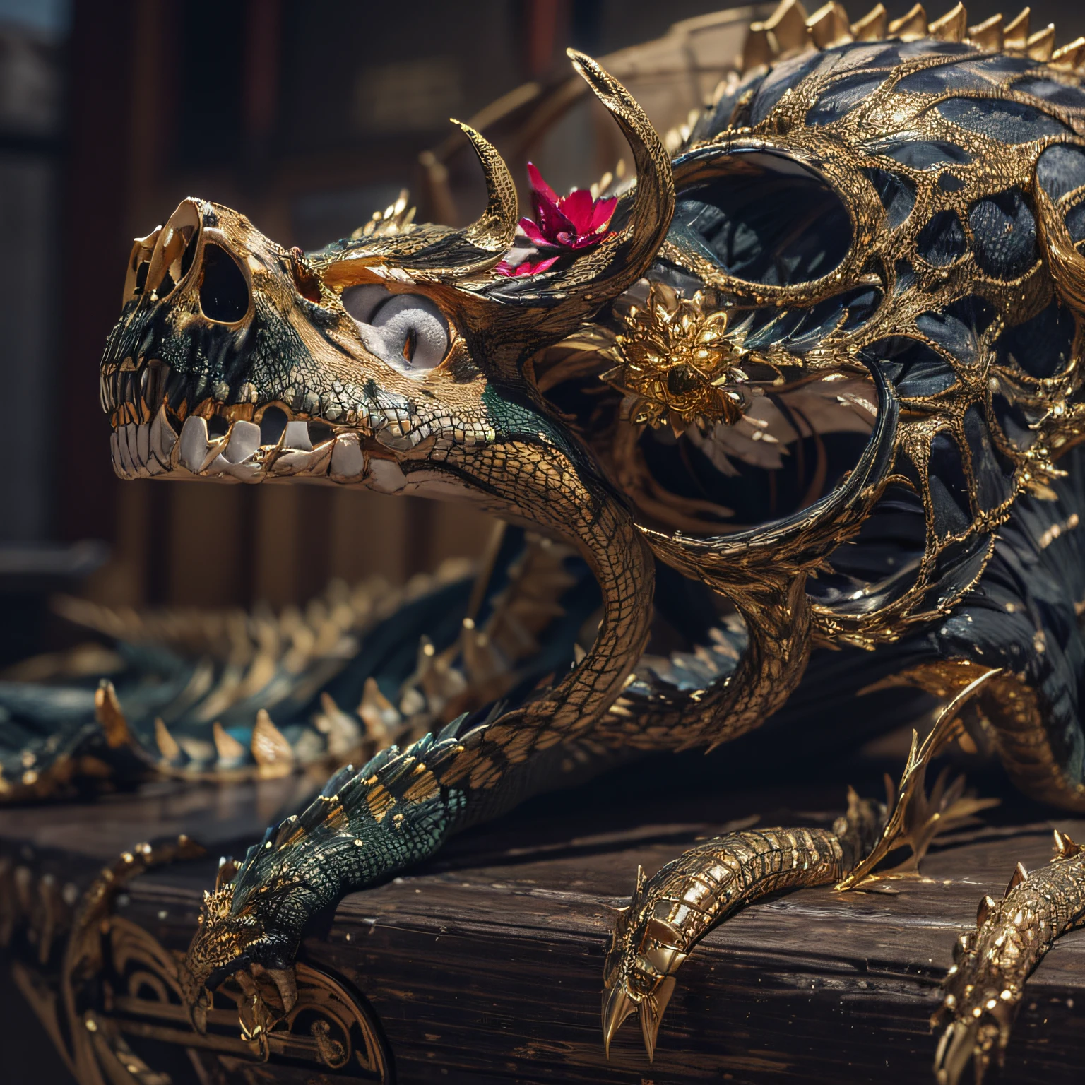 Crocodile pond,32K(tmasterpiece,k hd,hyper HD,32K)Burgundy double ponytail,flower stick,Indigo Skull King ,Hold the heavy wooden steering wheel (The skeleton is realistic:1.4),Crocodile pattern robe,Rusty skull ornaments,Sargin linen cloak,Petals flutter,Deep gold sunglasses,Hold your head high,Be proud,The nostrils look at people,A primary and secondary school student, A high resolution,Xueba, the detail, RAW photogr, Sharp Re, Nikon D850 Film Stock Photo by Jefferies Lee 4 Kodak Portra 400 Camera F1.6 shots, Rich colors, ultra-realistic vivid textures, Dramatic lighting, Unreal Engine Art Station Trend, cinestir 800,Hold your head high,Lateral face,Be proud,The nostrils look at people,Tsundere,Petals flutter,Petals flutter,Crocodiles sprinkled with gold dust,Fluttering,Impeccable,( reasonable design, Clear lines, High sharpness,Best quality, Very detailed skeleton, The skeleton of a masterpiece, offcial art, movie light effect, 8K crocodile skeleton(((Platinum marble sunglasses)))Deep gold sunglasses,side portrait