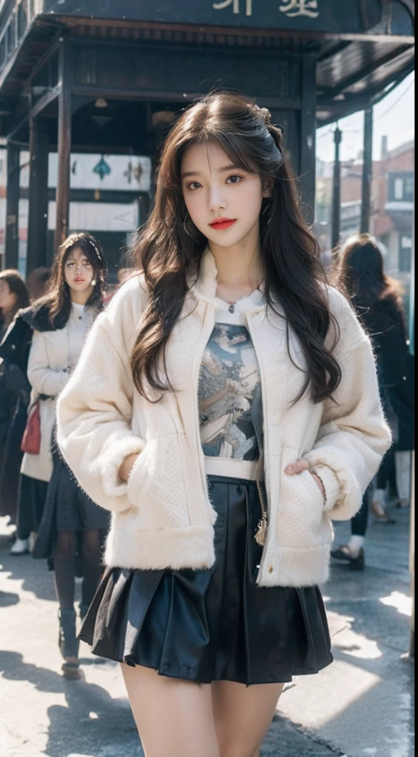 ((best qualtiy,tmasterpiece,超A high resolution)),(realisticlying:1.4),(Korean star poster-like),1girll,From head to knee,Dynamic posture,adult face,Slim,(ssmile),joy,Reflective eyes,(shiny skins),(contours,frontage),whaite hair,long whitr hair,黑The eye,Top fashion,((White plush coat)),Beautiful costumes,(ta costume),(short skirt),(Real drifting snow:1.5,snow cover,Simple street),(Clear eyes),(Clear nose),(Clear lips),(Fair skin),(Ultra-realistic textile textures),cinmatic lighting,35mm,offcial art,Incredibly Ridiculous res,hugefilesize,